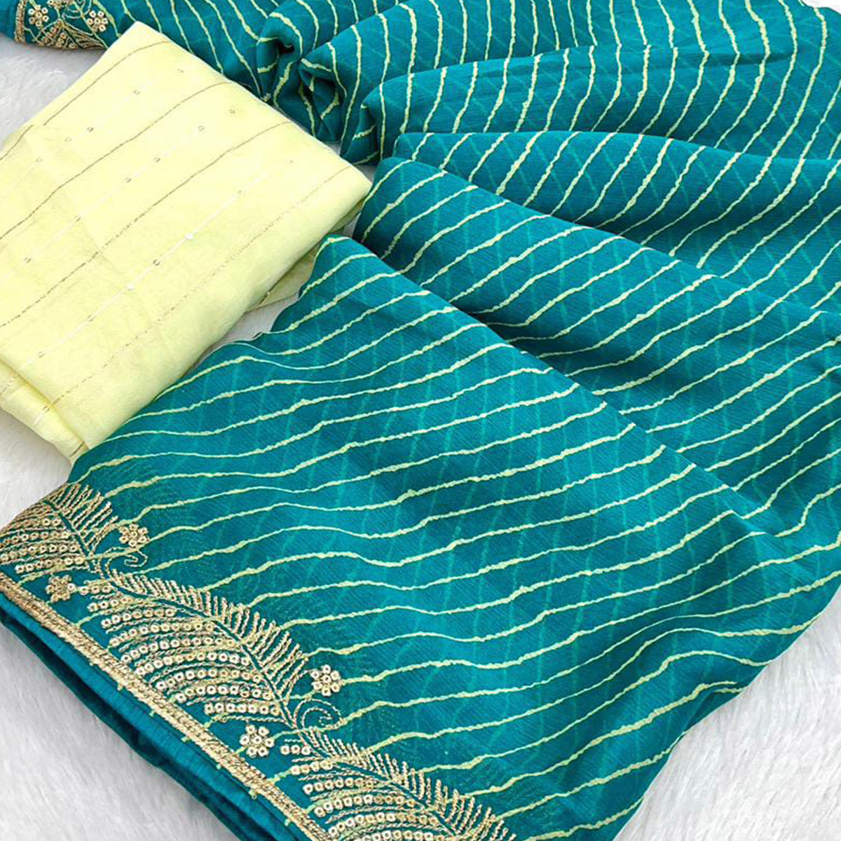 Rama Blue Leheriya Printed Chiffon Saree With Sequins Embroidered Border