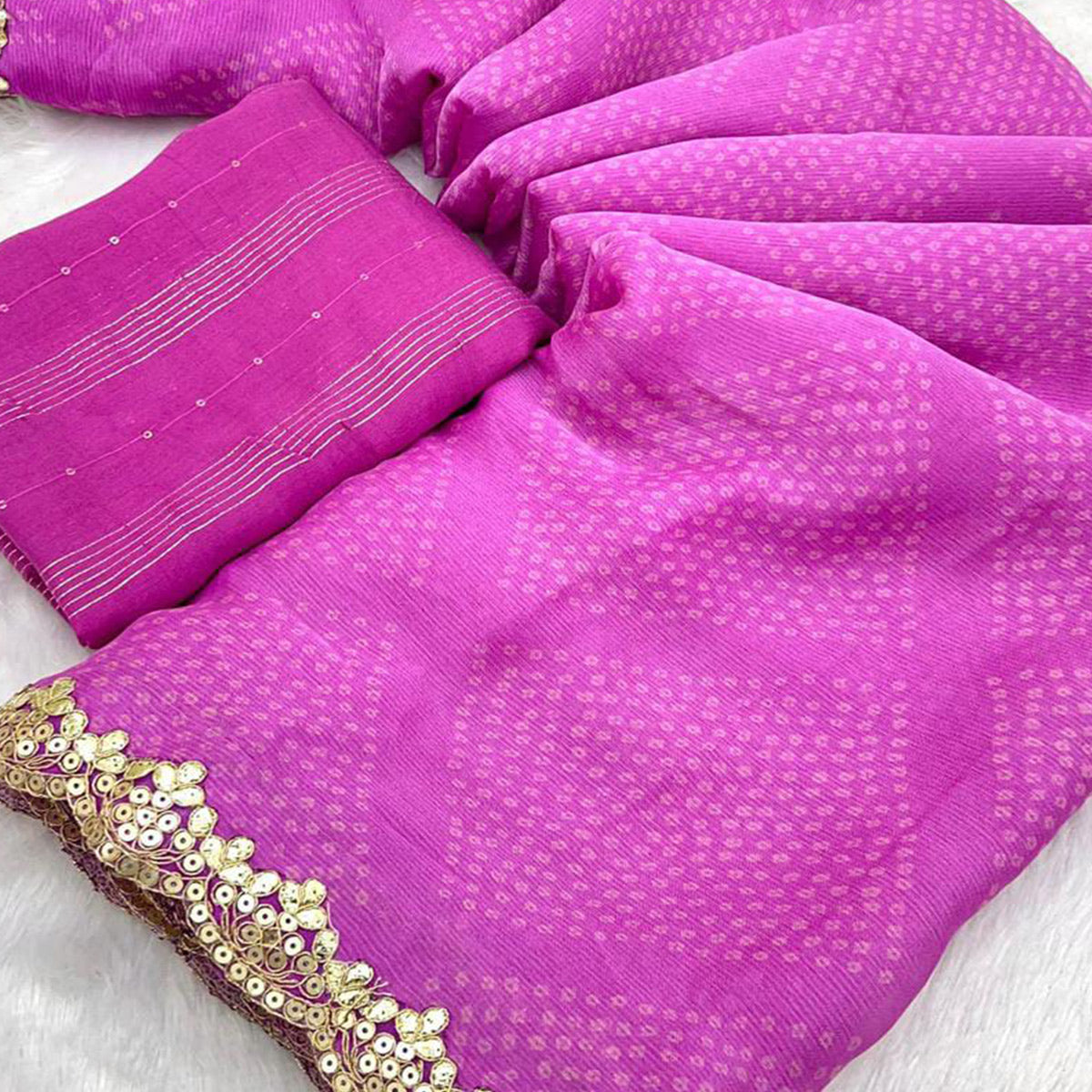 Purple Bandhani Printed Chiffon Saree With Sequins Embroidered Border