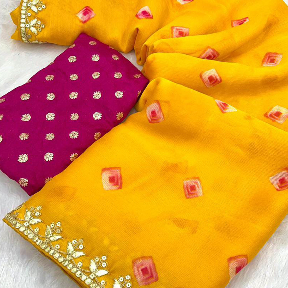 Yellow Bandhani Printed Chiffon Saree With Sequins Embroidered Border