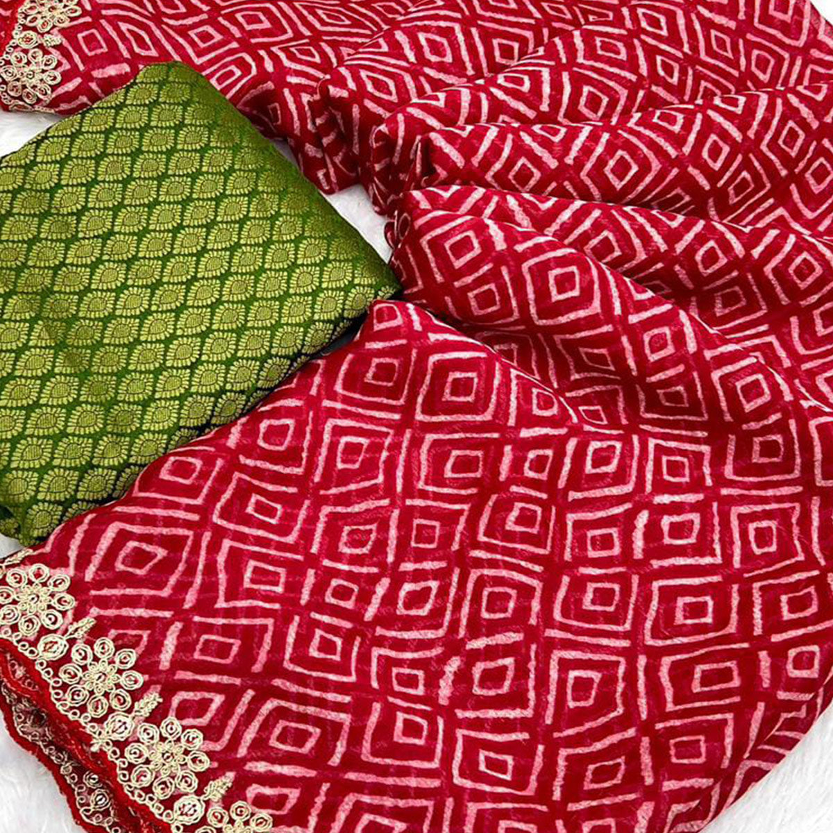 Red Leheriya Printed Chiffon Saree With Sequins Embroidered Border