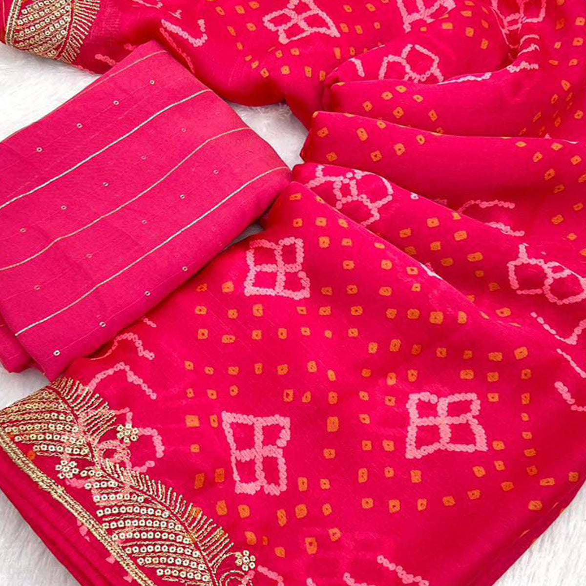 Pink Bandhani Printed Chiffon Saree With Sequins Embroidered Border