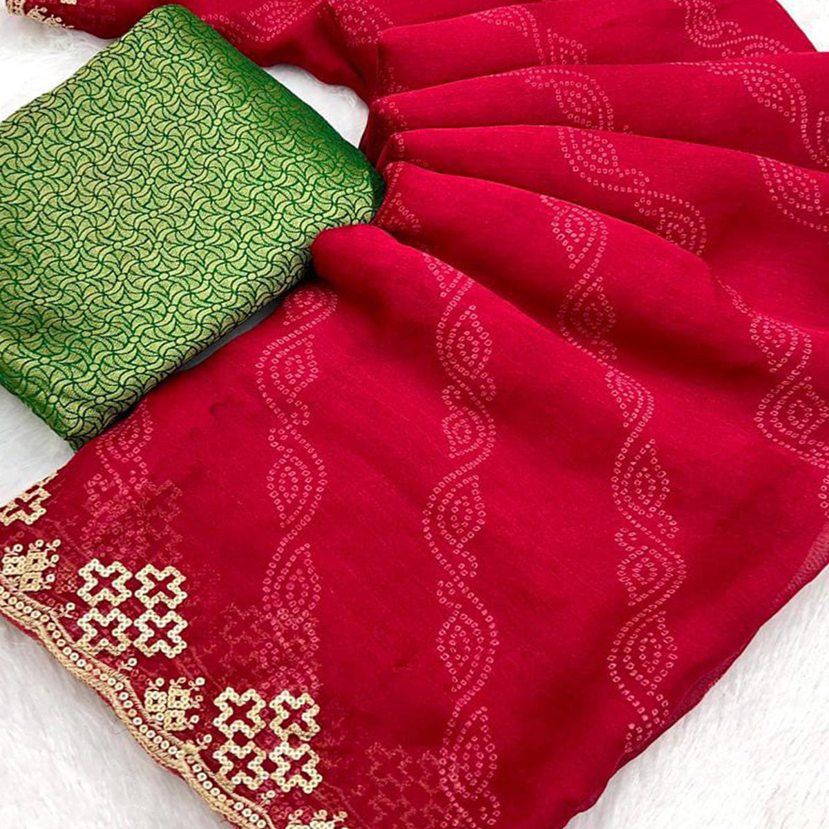 Pink Bandhani Printed Chiffon Saree With Sequins Embroidered Border