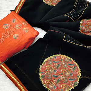 Black Georgette Saree with Paisley Patchwork Detailing