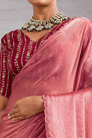 Coral Pink Solid Organza Jimmy Choo Saree Accentuated With Elegant Cutwork Border Detailing