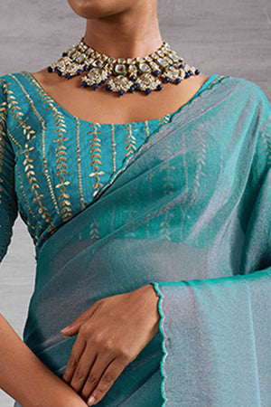 Turquoise Solid Organza Jimmy Choo Saree Accentuated With Elegant Cutwork Border Detailing