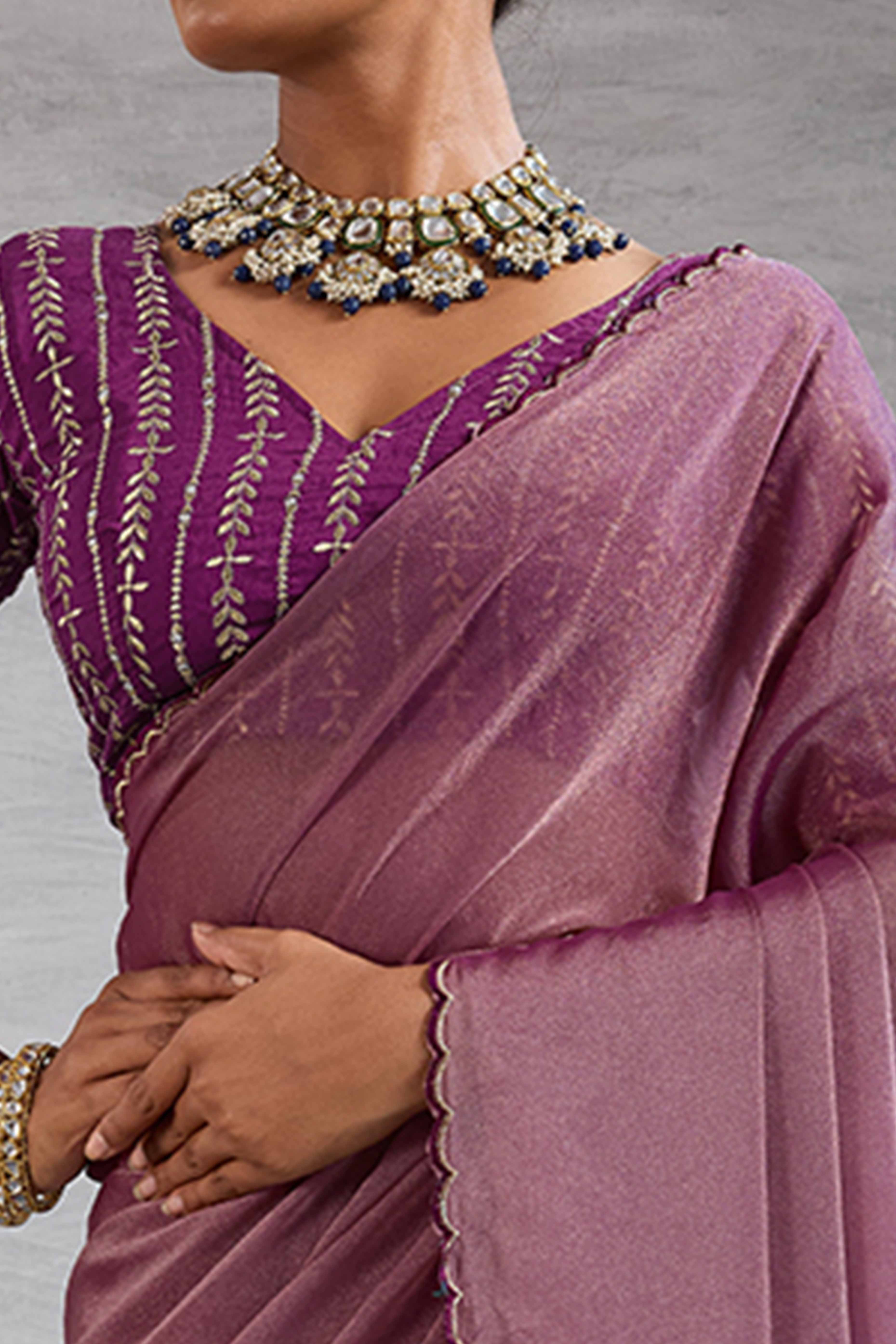 Wine Solid Organza Jimmy Choo Saree Accentuated With Elegant Cutwork Border Detailing