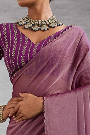 Wine Solid Organza Jimmy Choo Saree Accentuated With Elegant Cutwork Border Detailing