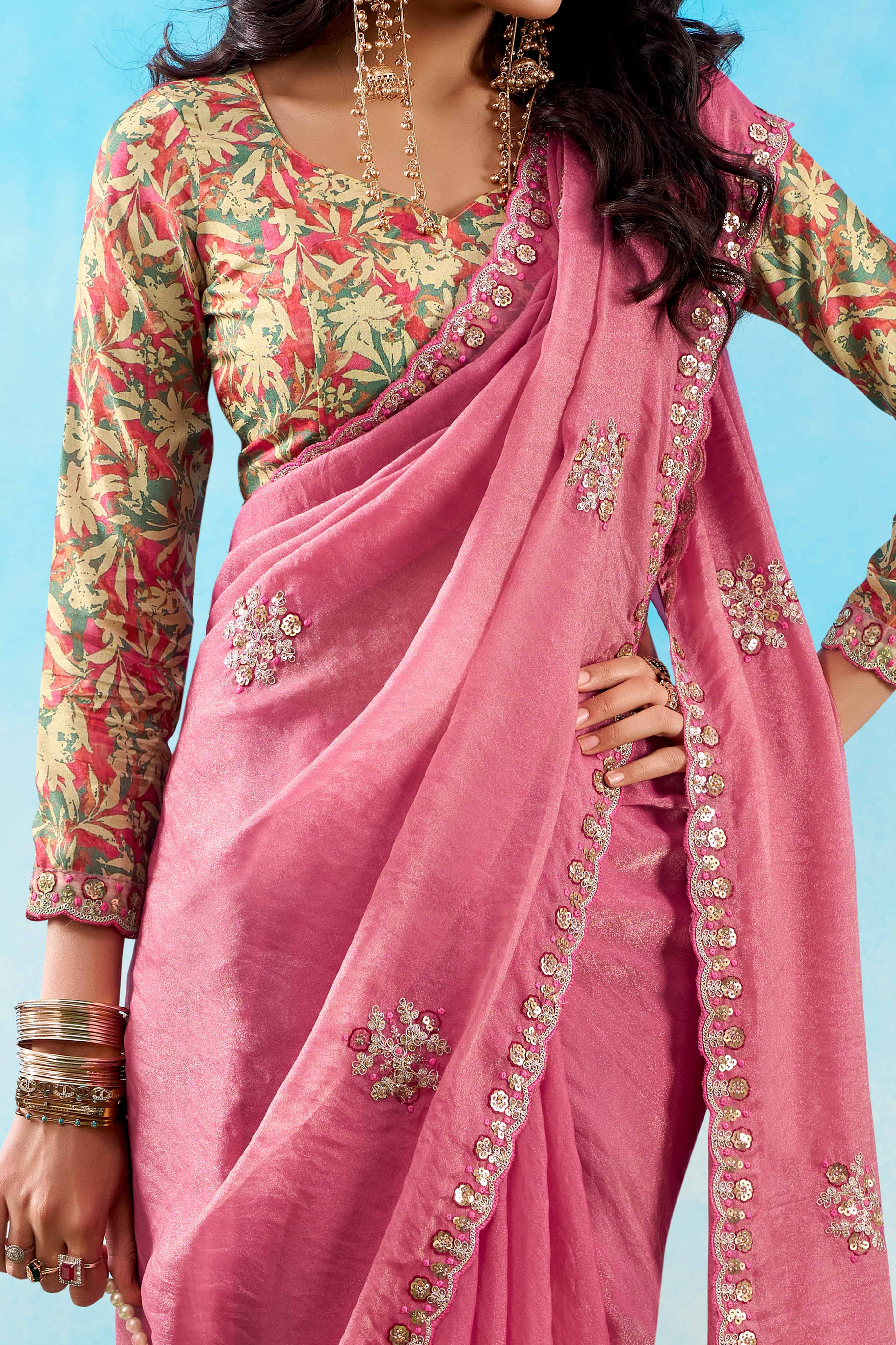 Luxurious Baby Pink Chiffon Saree Showcasing Floral Sequins Embroidery In A Two Tone Finish