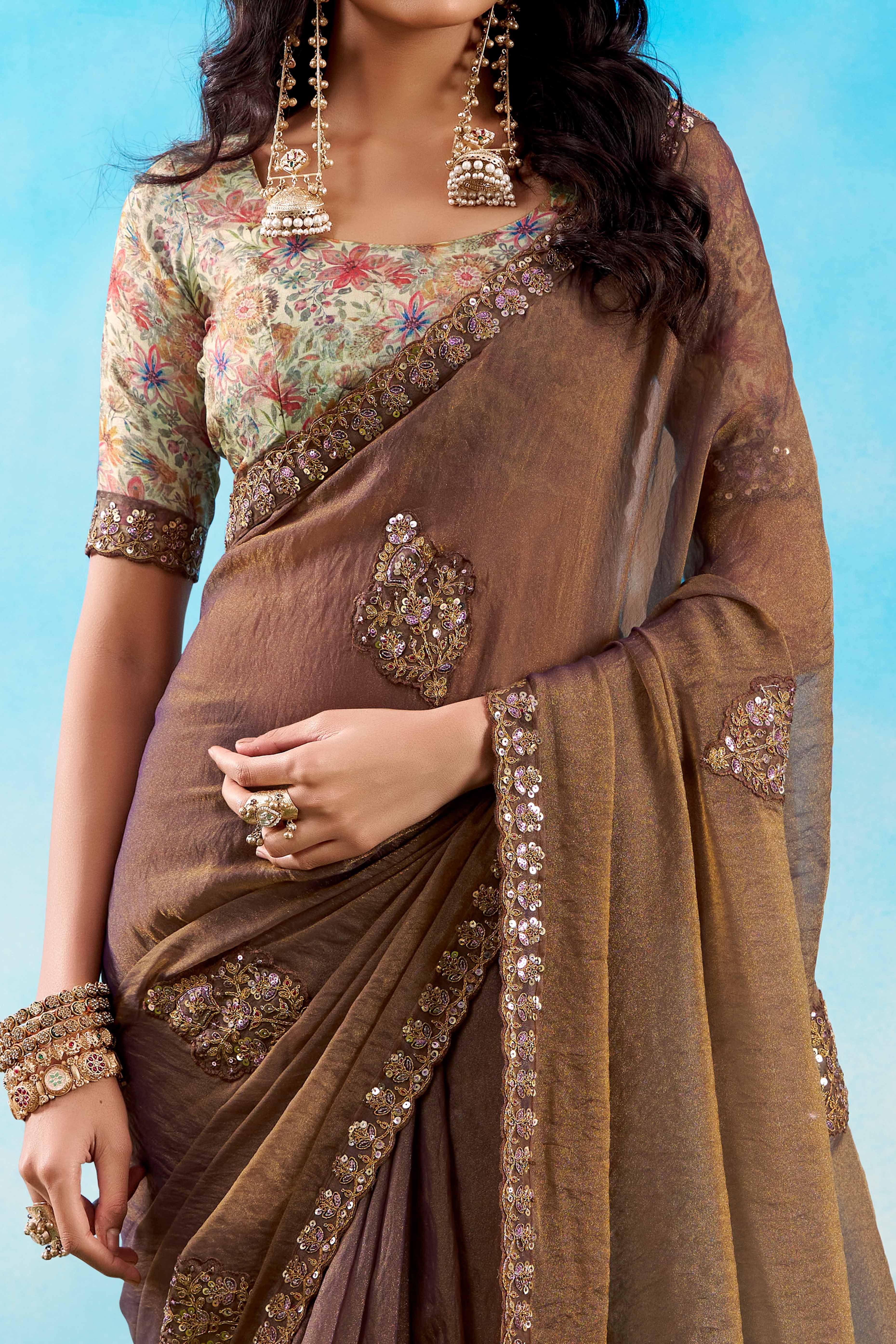 Luxurious Brown Chiffon Saree Showcasing Floral Sequins Embroidery In A Two Tone Finish