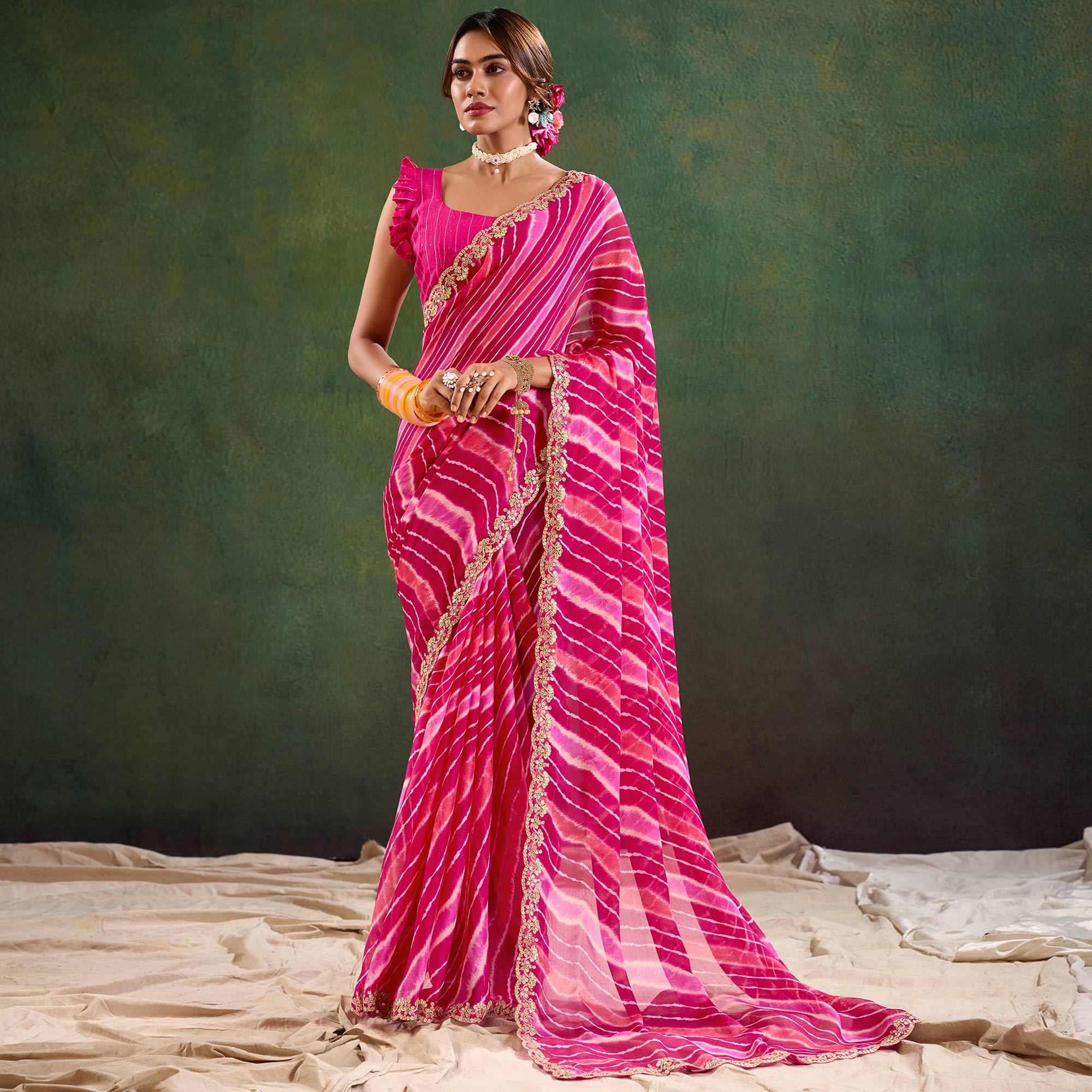 Pink Printed Chiffon Saree With Sequins Border