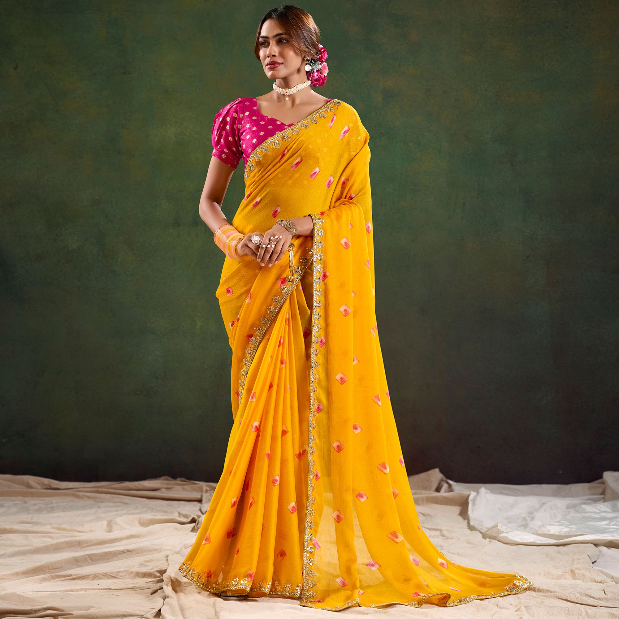 Yellow Printed Chiffon Saree With Sequins Border