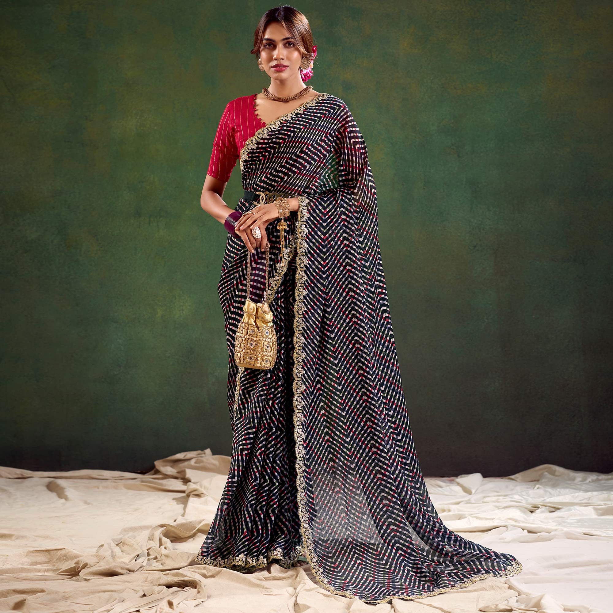 Black Printed Chiffon Saree With Sequins Border