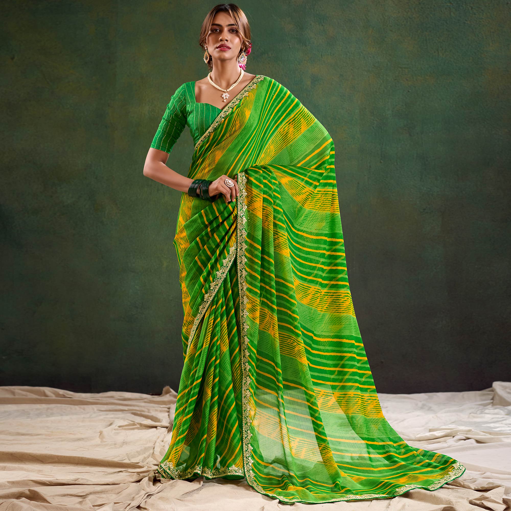 Green Printed Chiffon Saree With Sequins Border