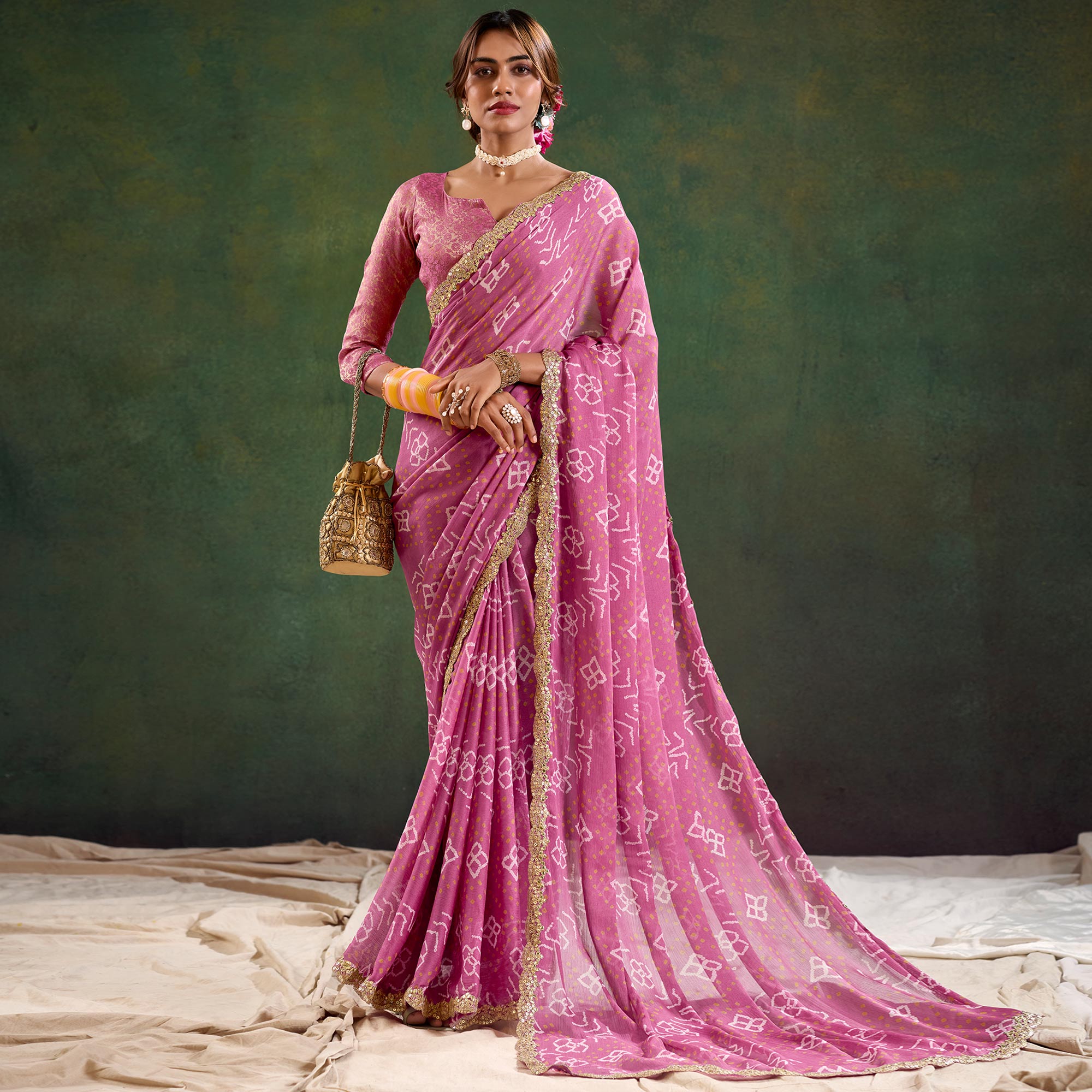 Dusty Magenta Printed Chiffon Saree With Sequins Border