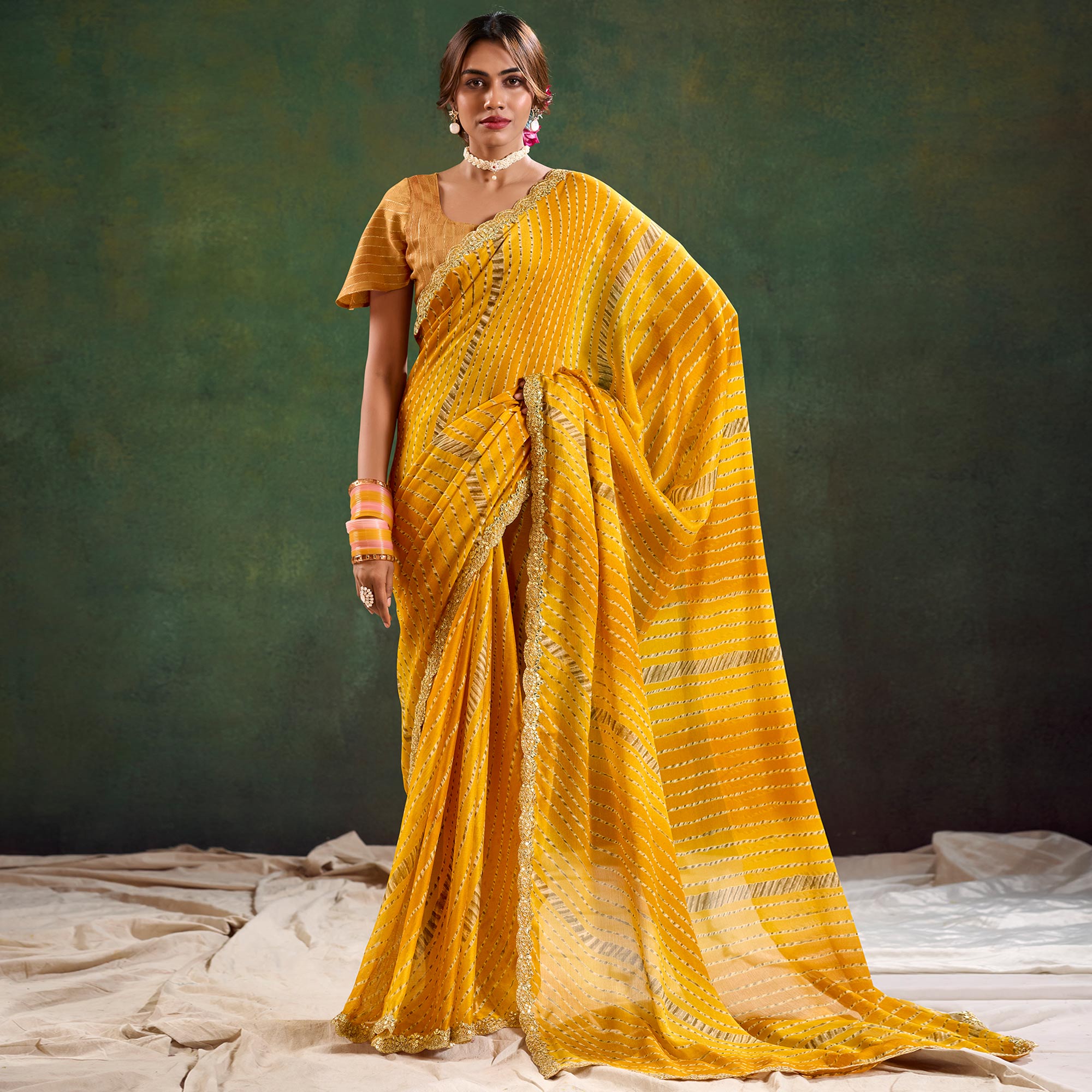 Mustard Printed Chiffon Saree With Sequins Border