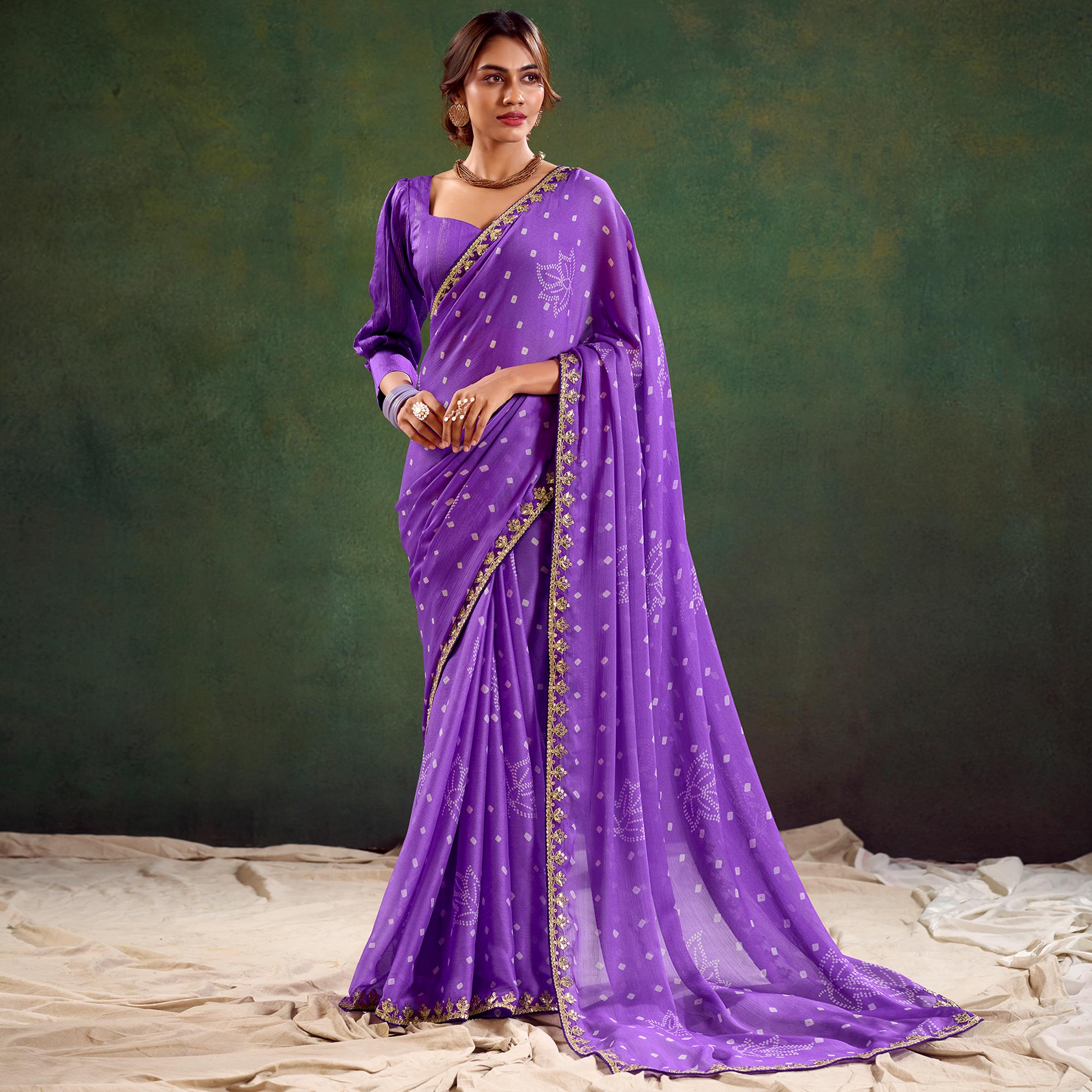 Violet Printed Chiffon Saree With Sequins Border