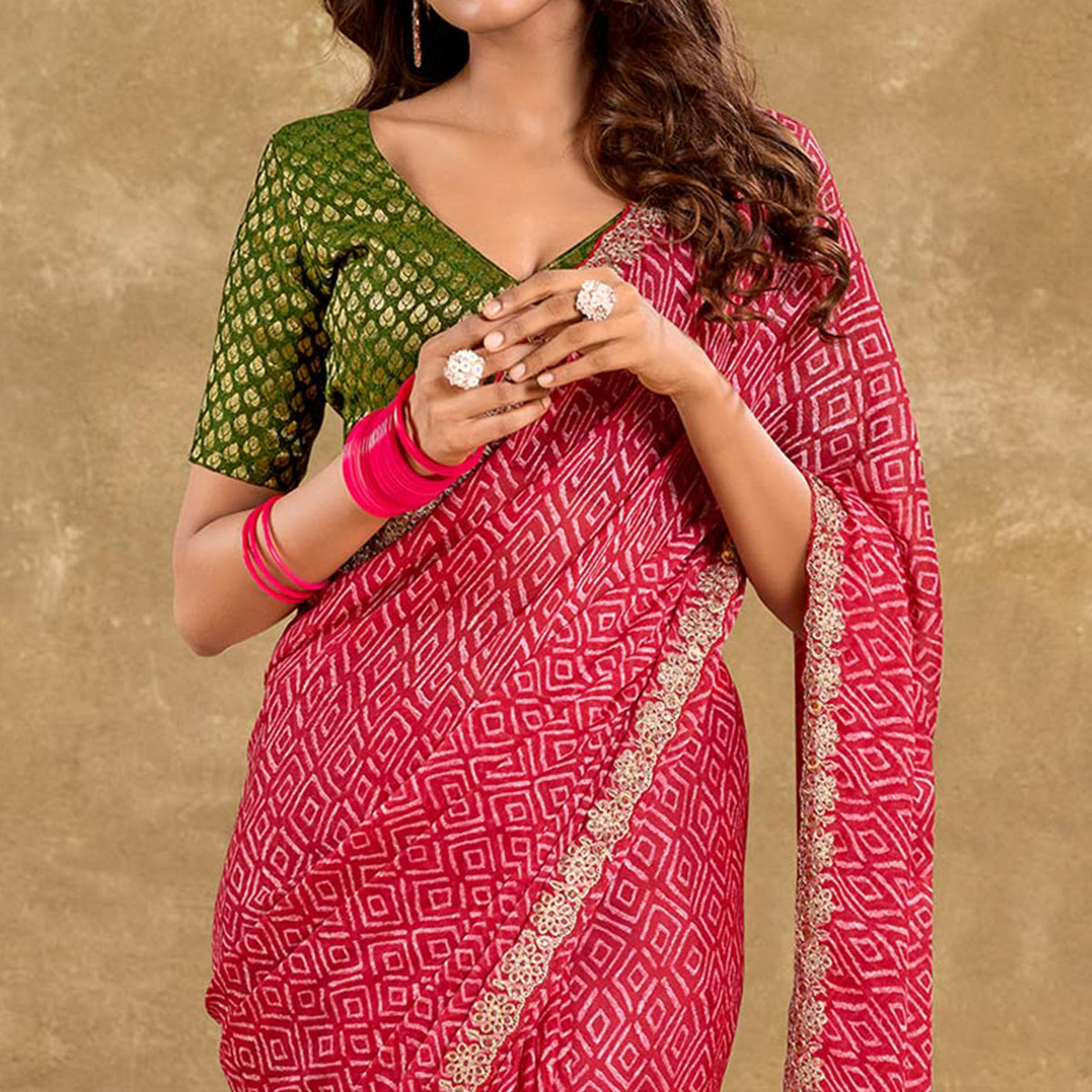 Pink Printed Chiffon Saree With Sequins Border