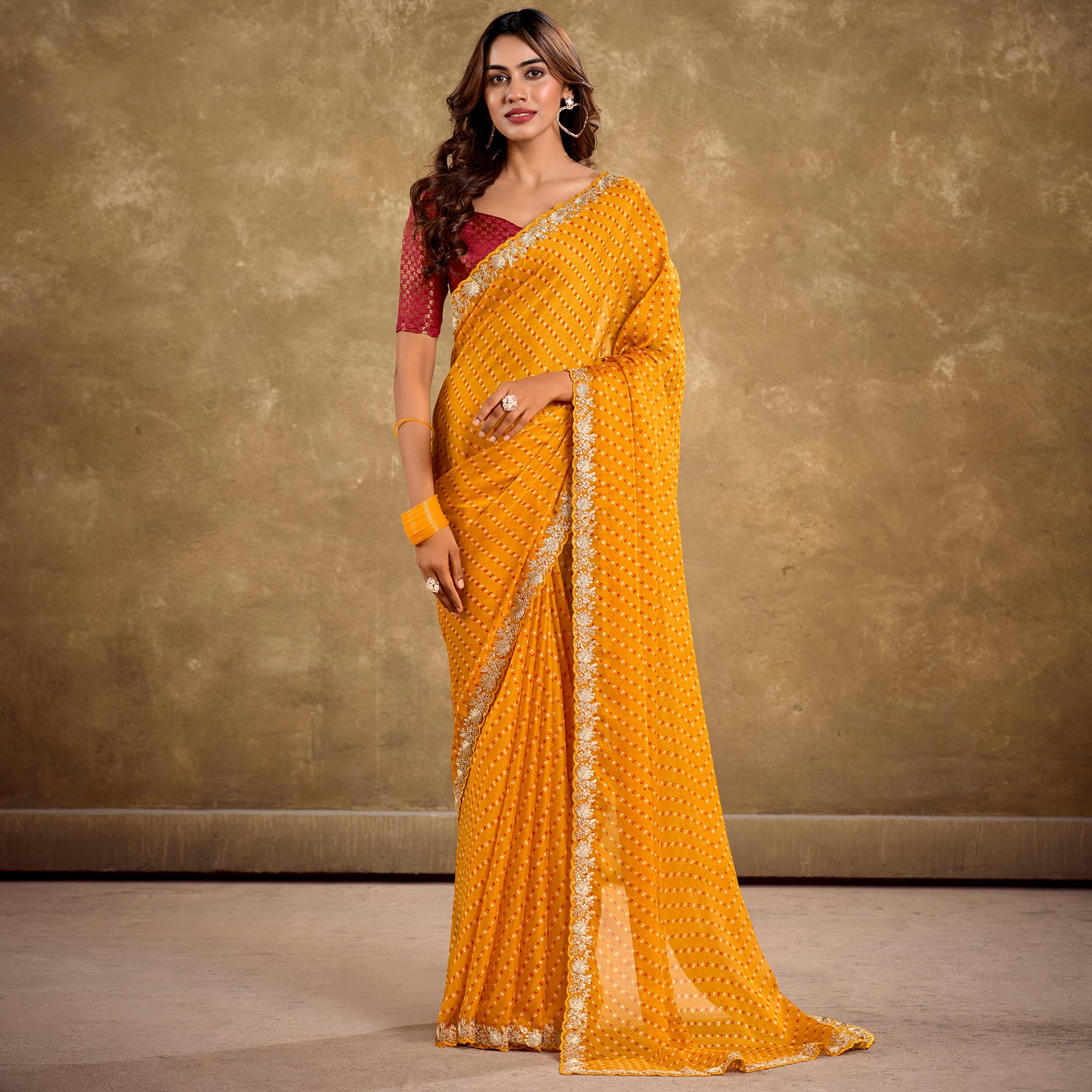 Mustard Printed Chiffon Saree With Sequins Border