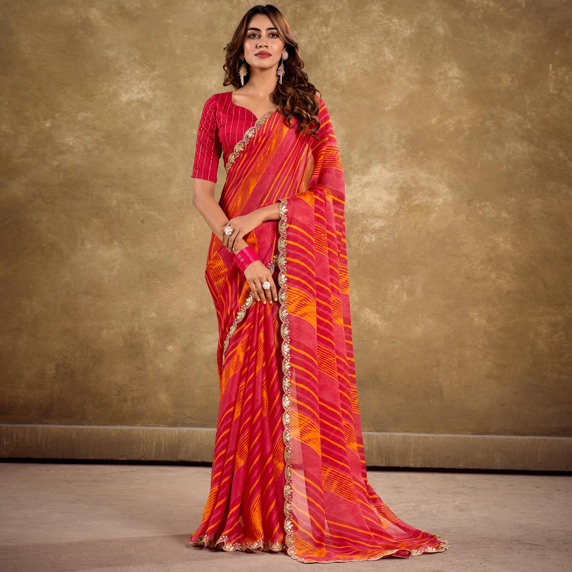 Gajri Pink Printed Chiffon Saree With Sequins Border