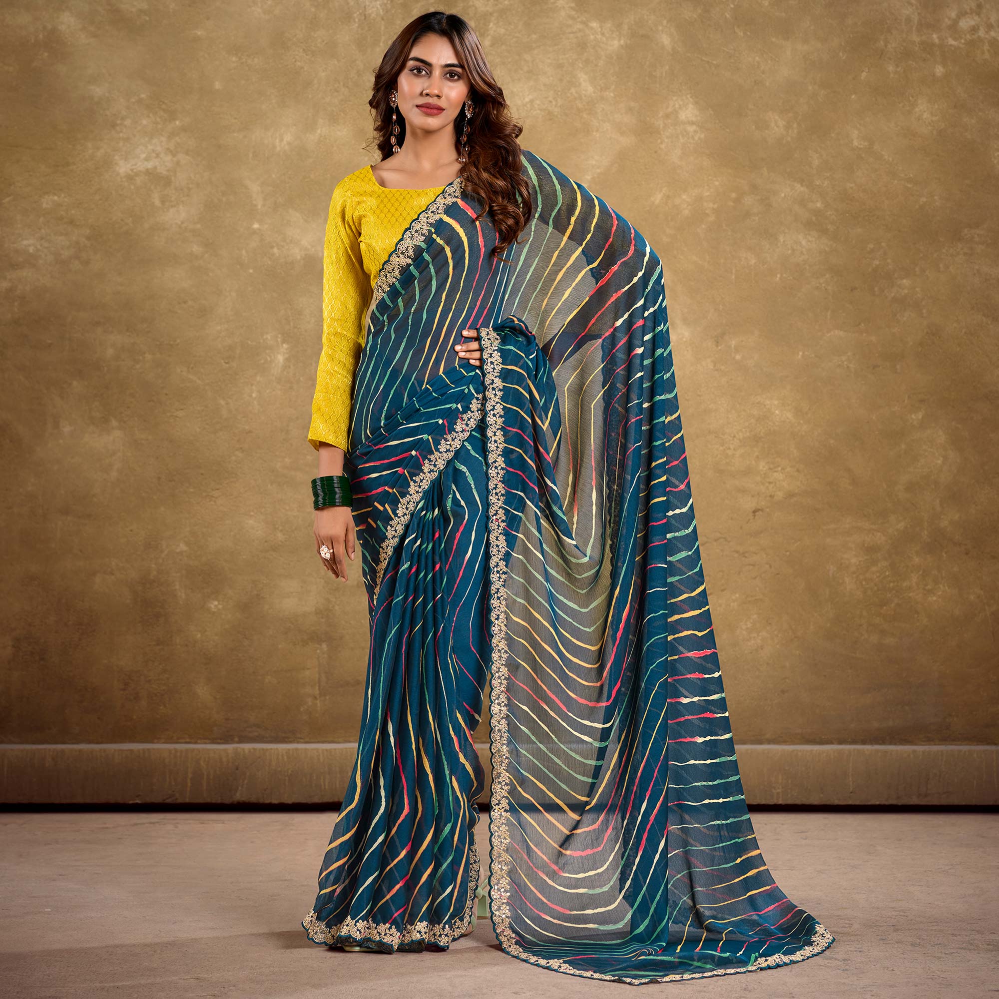 Morpich Blue Printed Chiffon Saree With Sequins Border