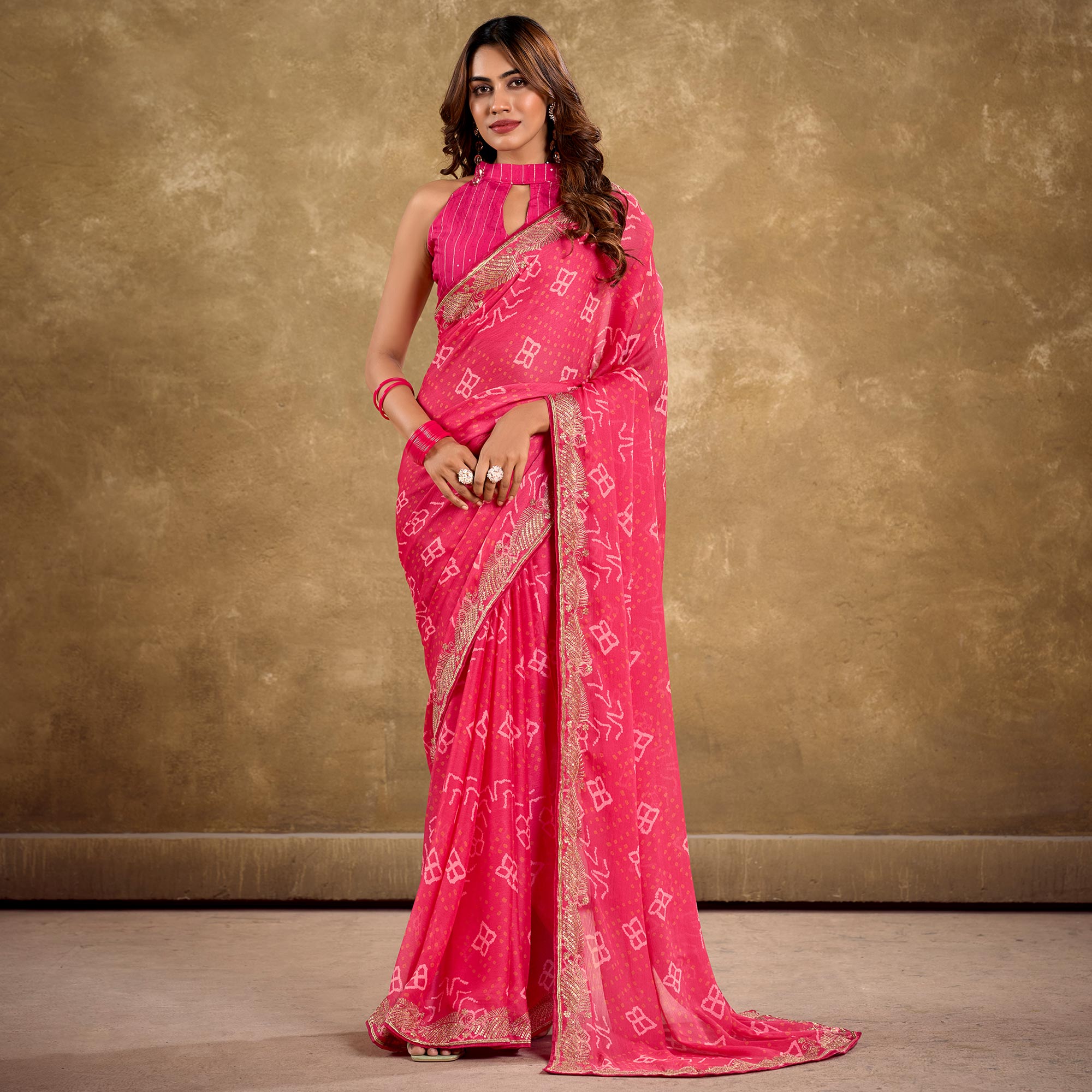 Pink Printed Chiffon Saree With Sequins Border