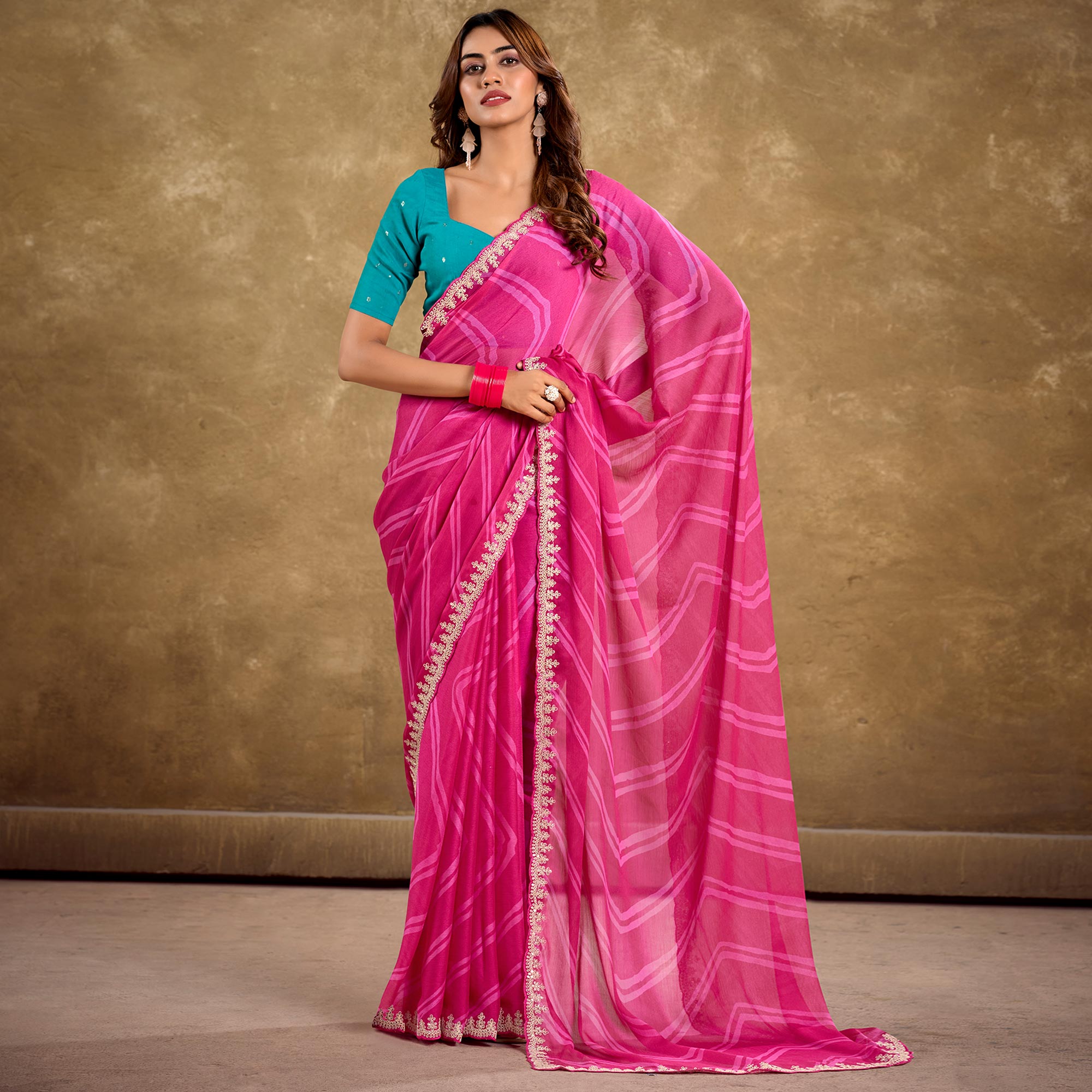 Pink Printed Chiffon Saree With Sequins Border