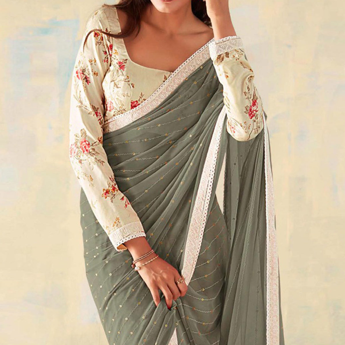 Grey Foil Printed Georgette Saree With Embroidered Border