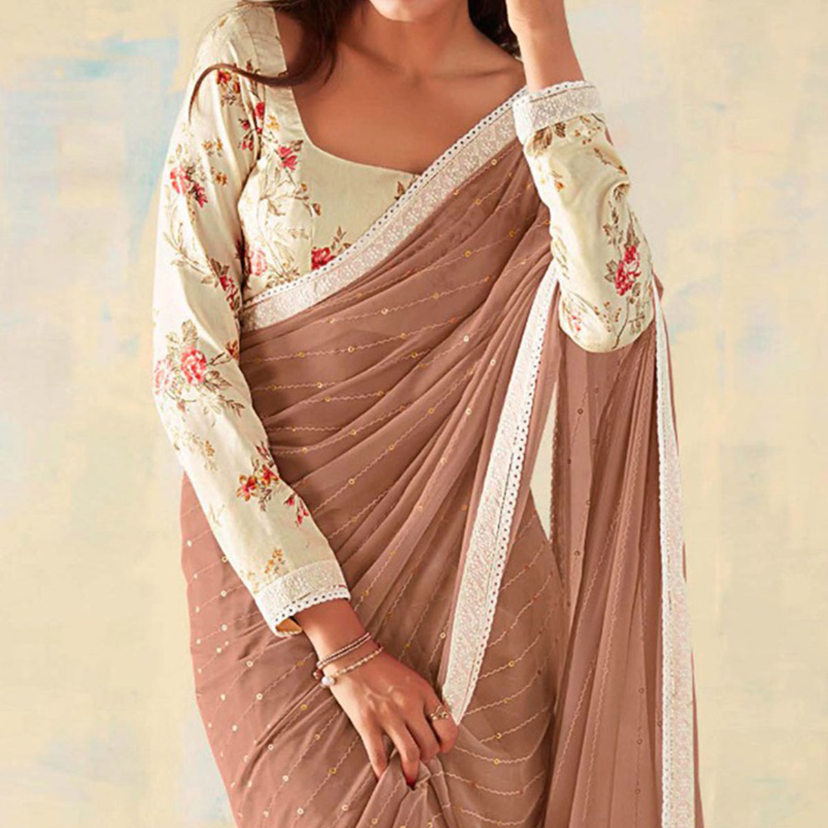 Brown Foil Printed Georgette Saree With Embroidered Border