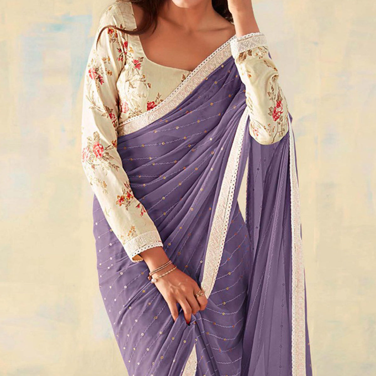 Purple Foil Printed Georgette Saree With Embroidered Border