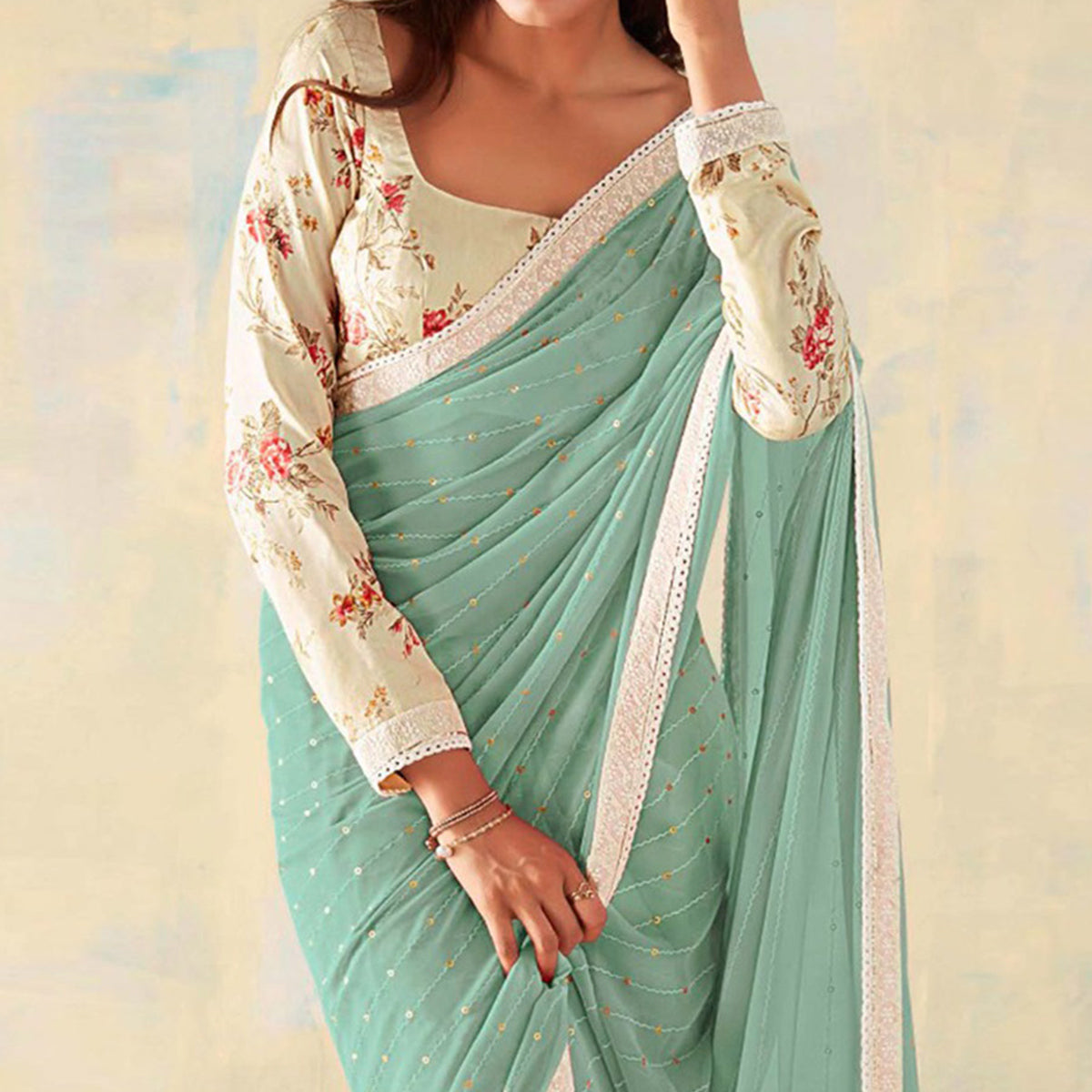 Dusty Green Foil Printed Georgette Saree With Embroidered Border