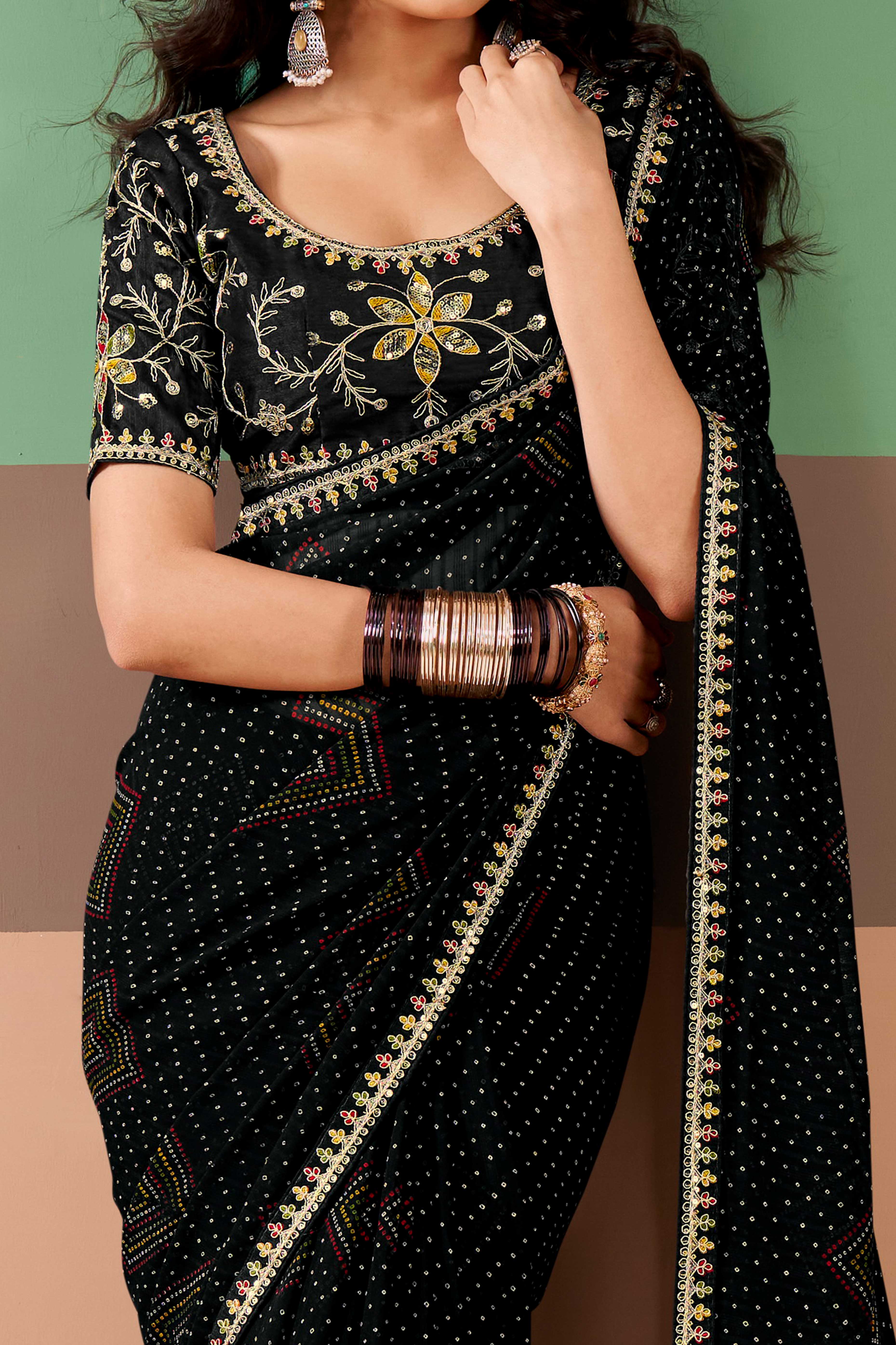 Charming Black Bandhani Printed Georgette Saree Adorned With Intricate Cording Embroidered Border