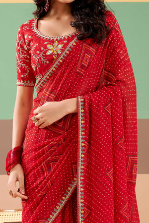 Charming Red Bandhani Printed Georgette Saree Adorned With Intricate Cording Embroidered Border