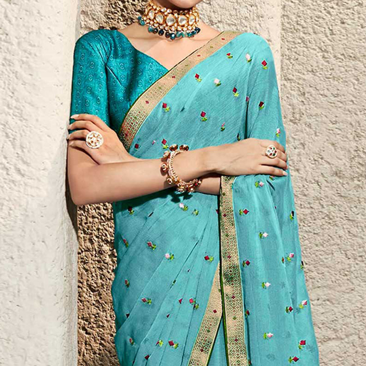 Blue Floral Embroidered Chiffon Saree