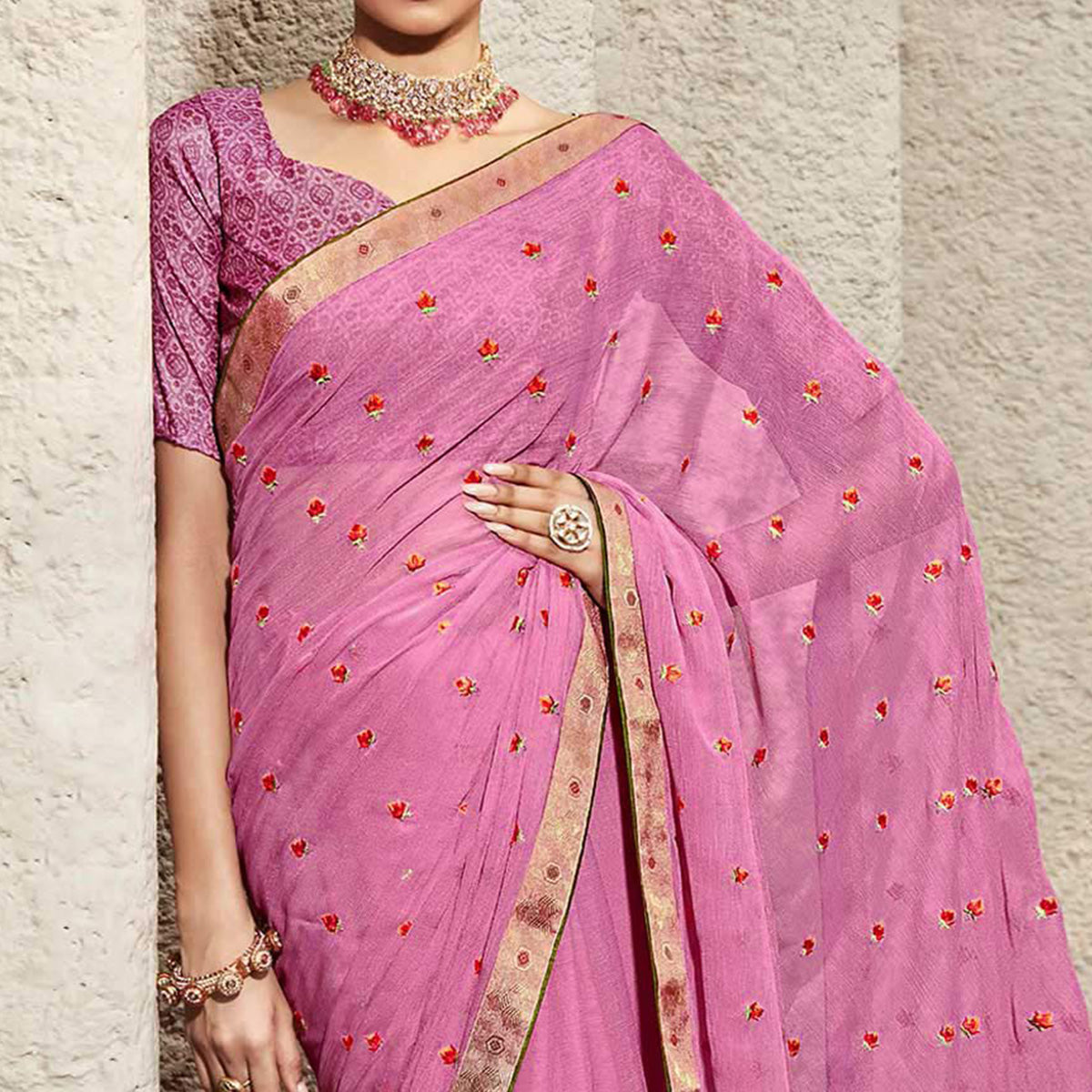 Pink Floral Embroidered Chiffon Saree