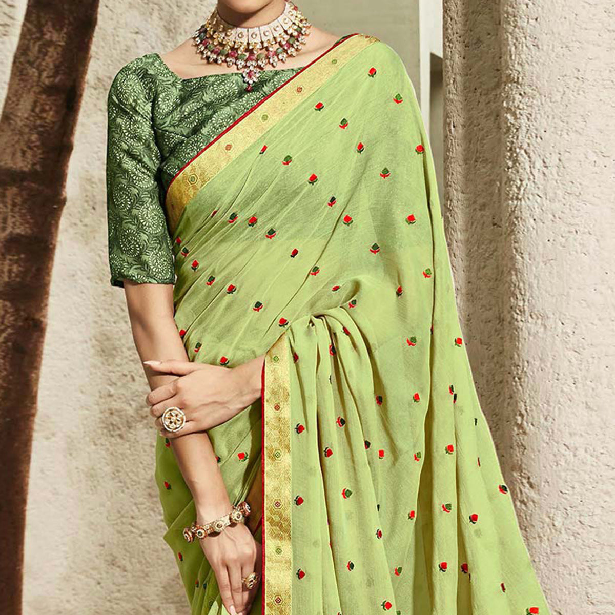 Green Floral Embroidered Chiffon Saree