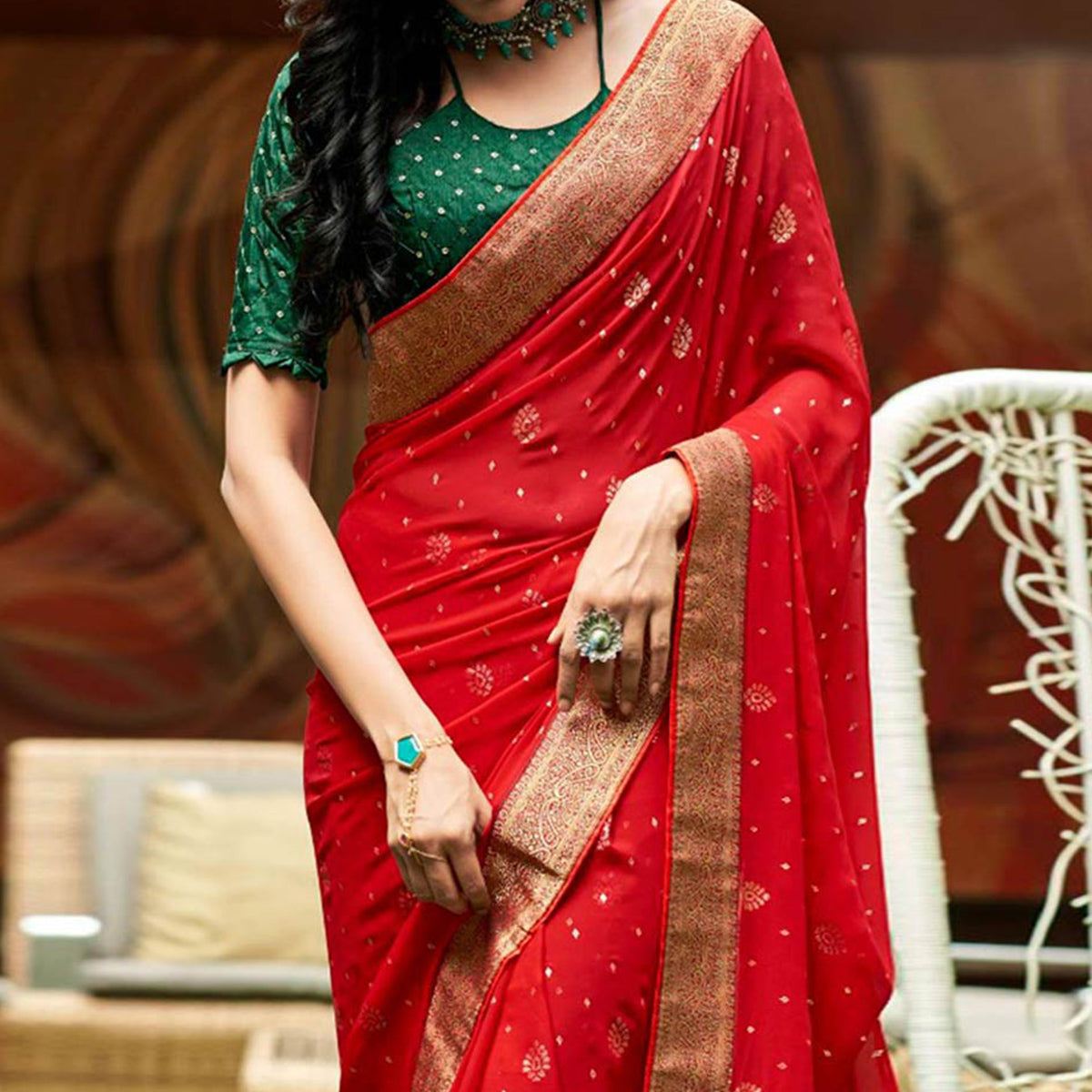 Red Foil Printed With Woven Border Georgette Saree