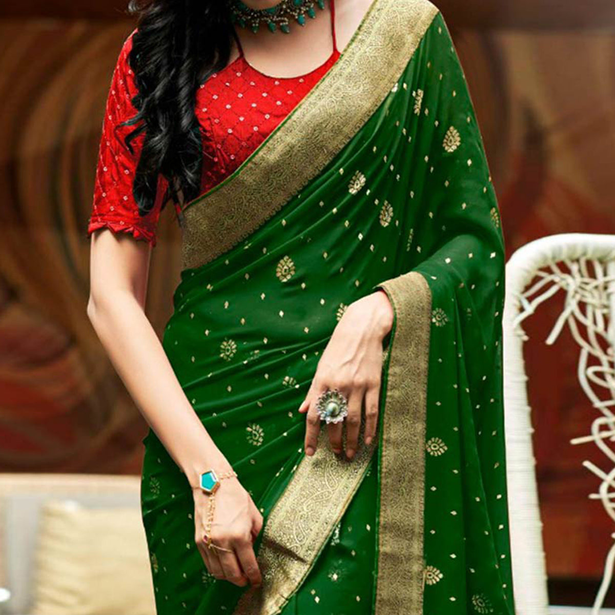 Green Foil Printed With Woven Border Georgette Saree