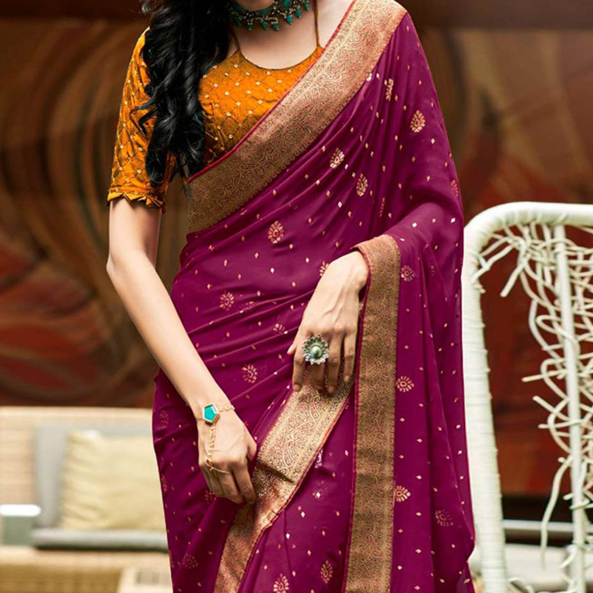 Purple Foil Printed With Woven Border Georgette Saree