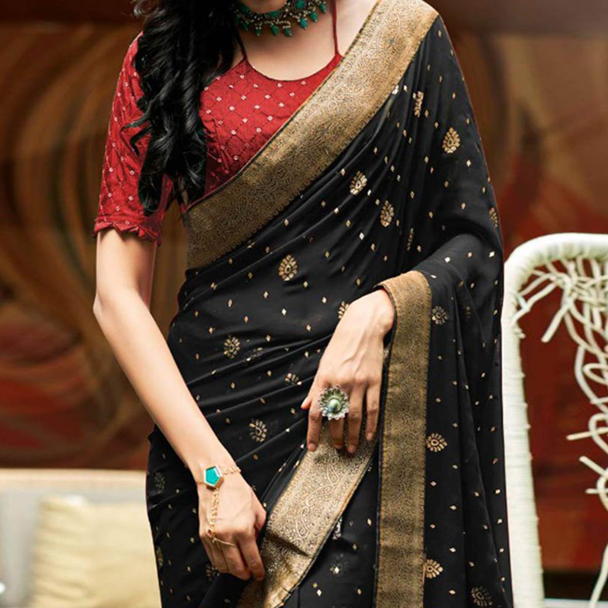 Black Foil Printed With Woven Border Georgette Saree