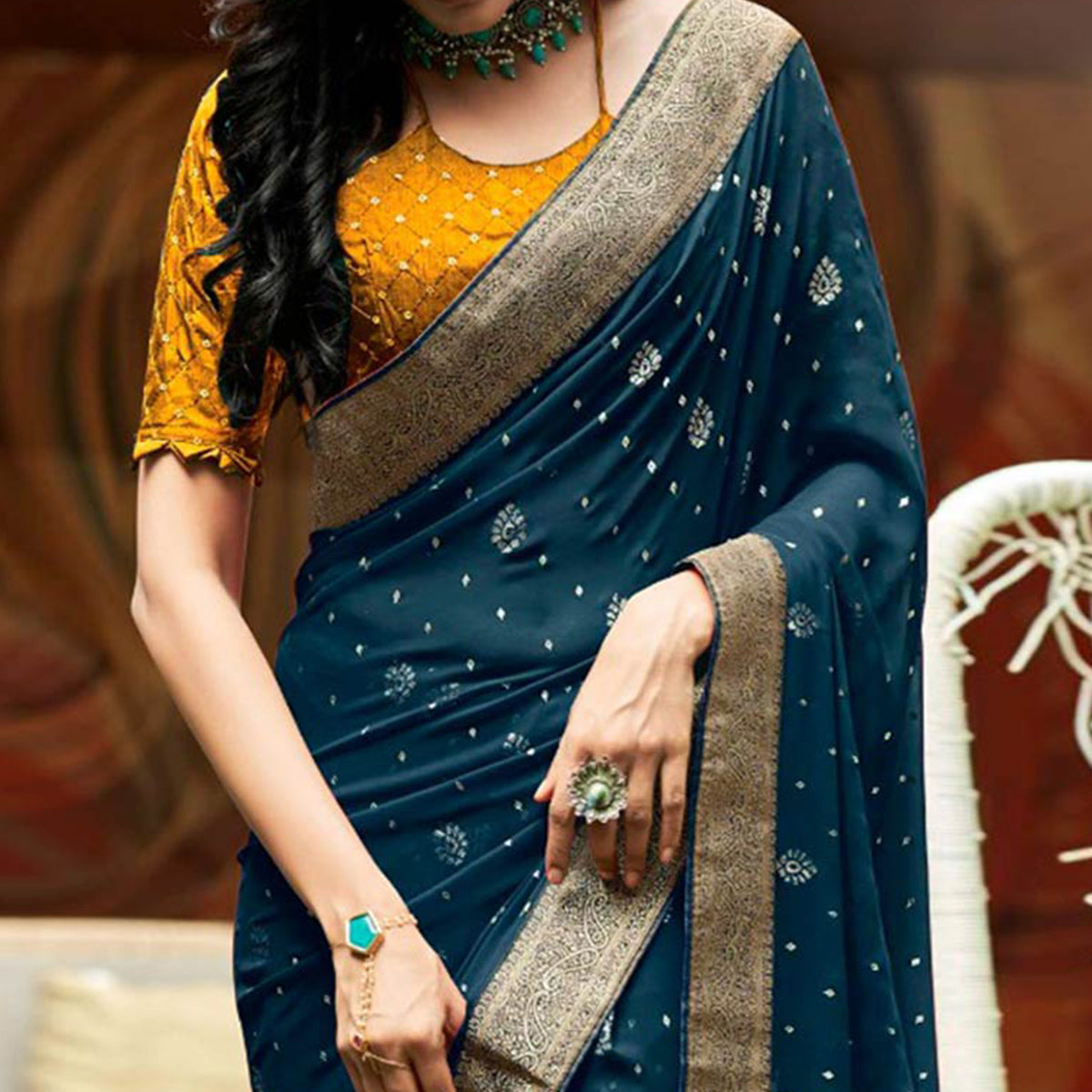 Morpich Foil Printed With Woven Border Georgette Saree