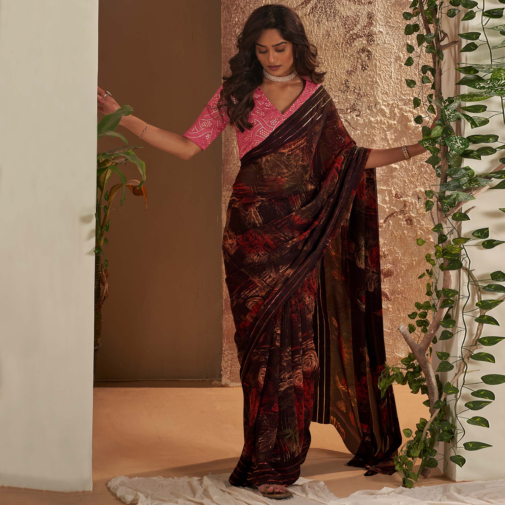 Coffee Brown Floral Printed Georgette Saree