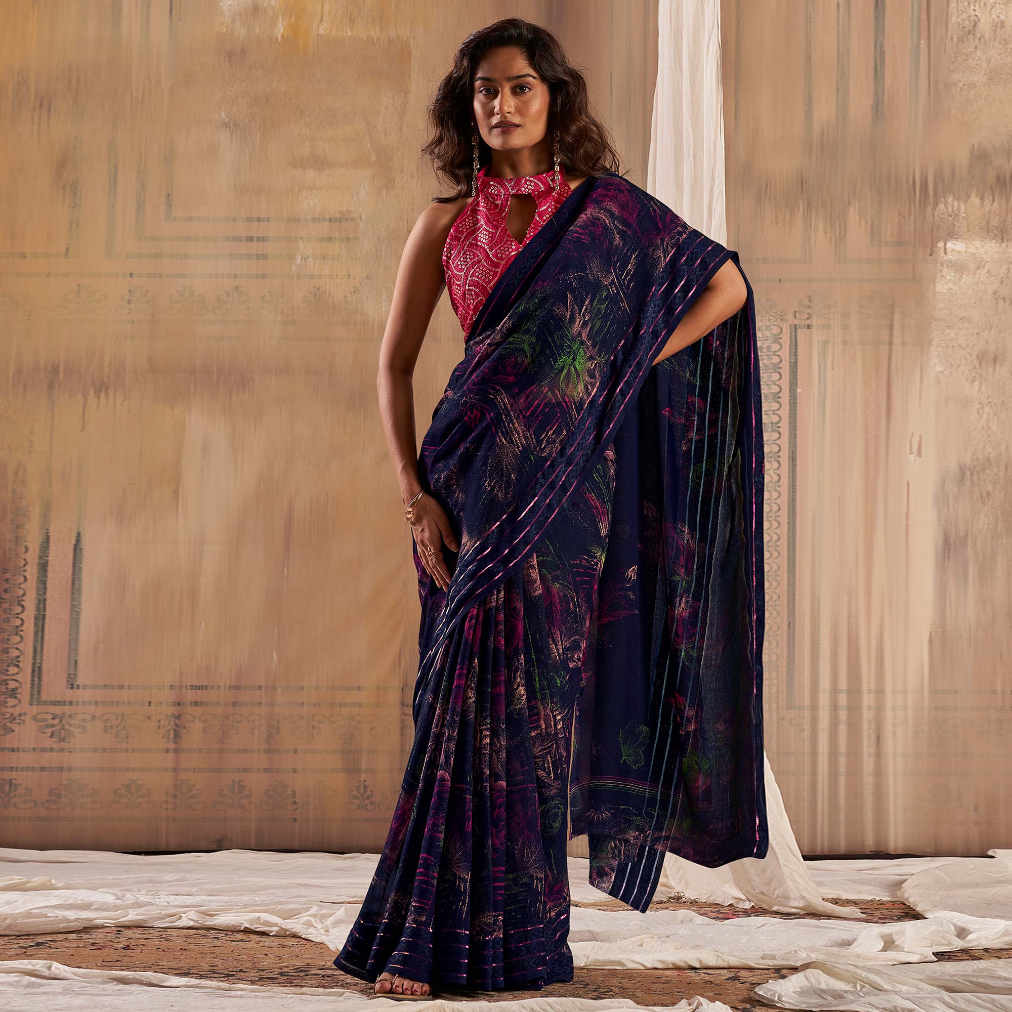 Navy Blue Floral Printed Georgette Saree