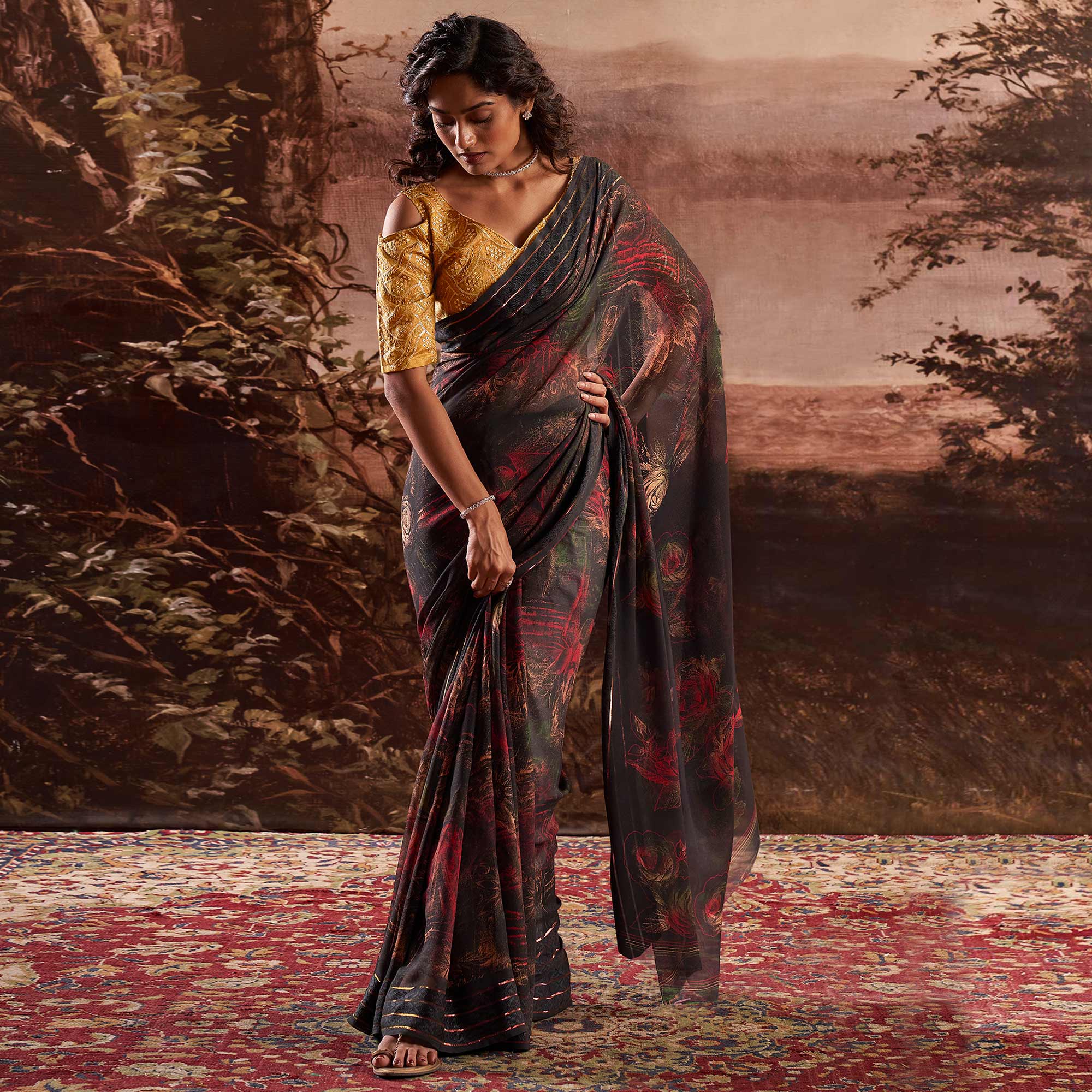 Grey Floral Printed Georgette Saree