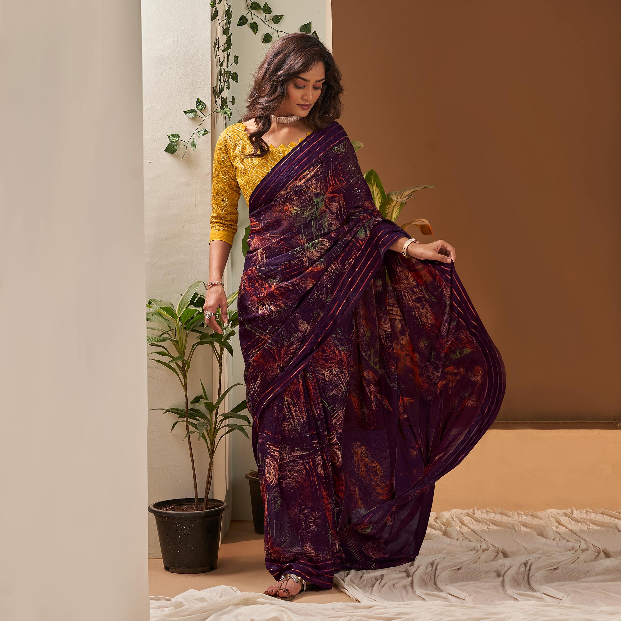 Purple Floral Printed Georgette Saree