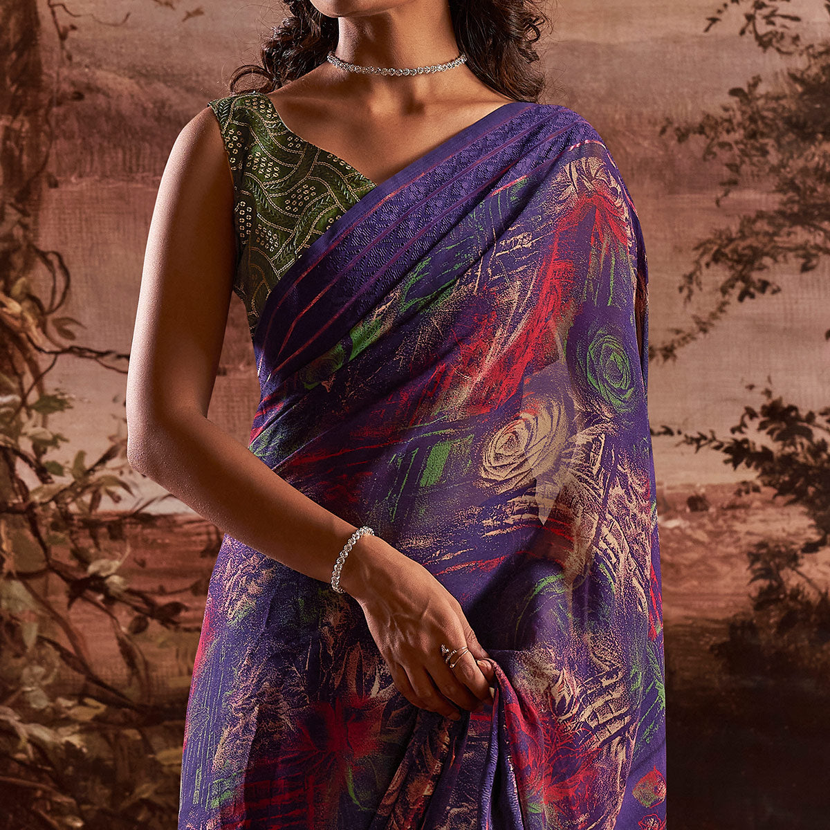 Violet Floral Printed Georgette Saree