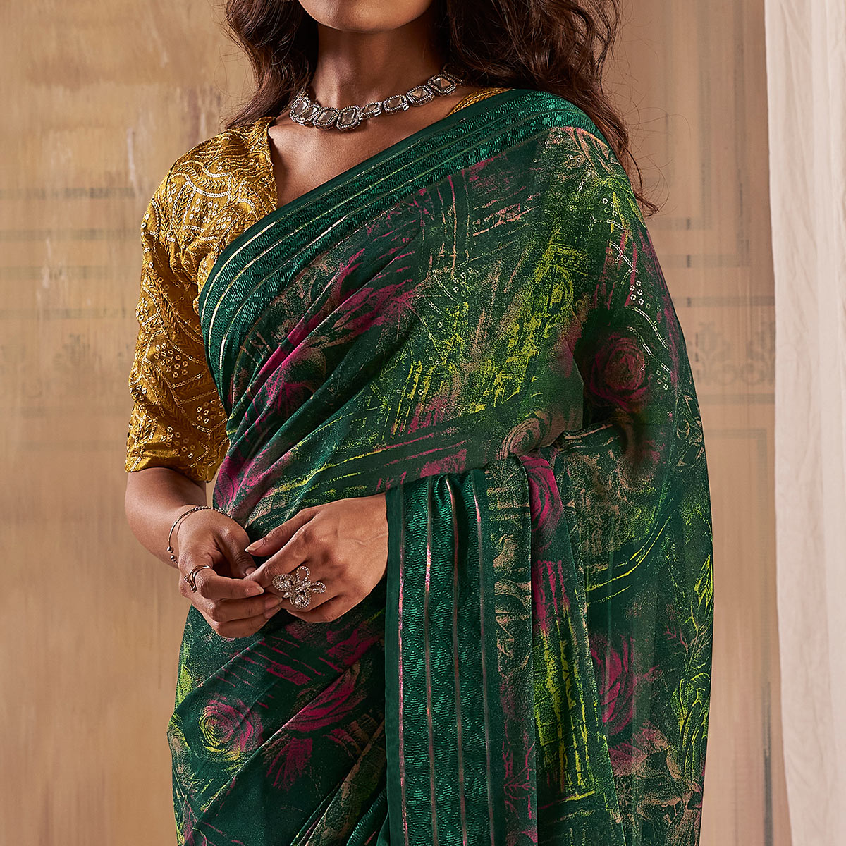 Bottle Green Floral Printed Georgette Saree