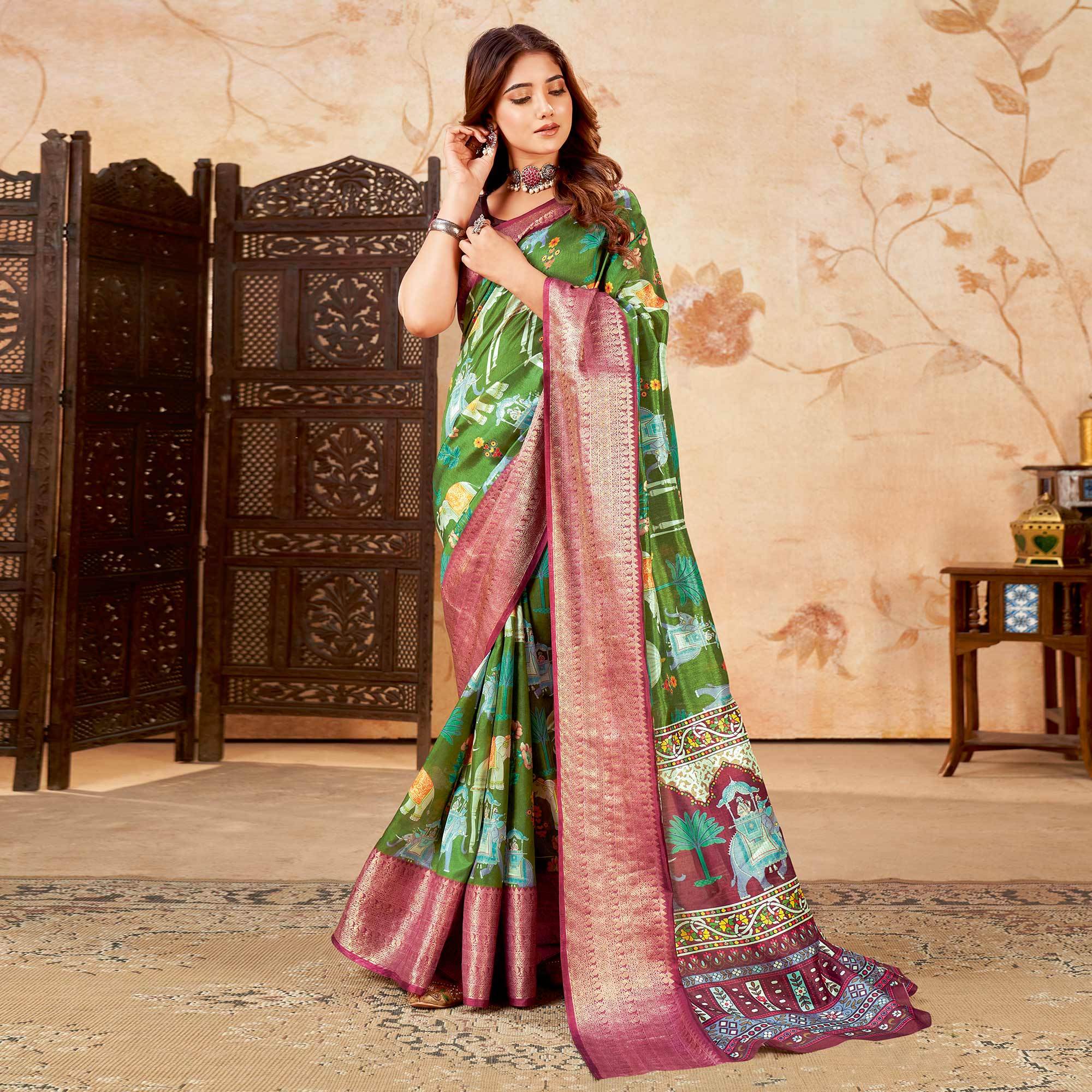 Green Printed Cotton Silk Saree With Jacquard Border