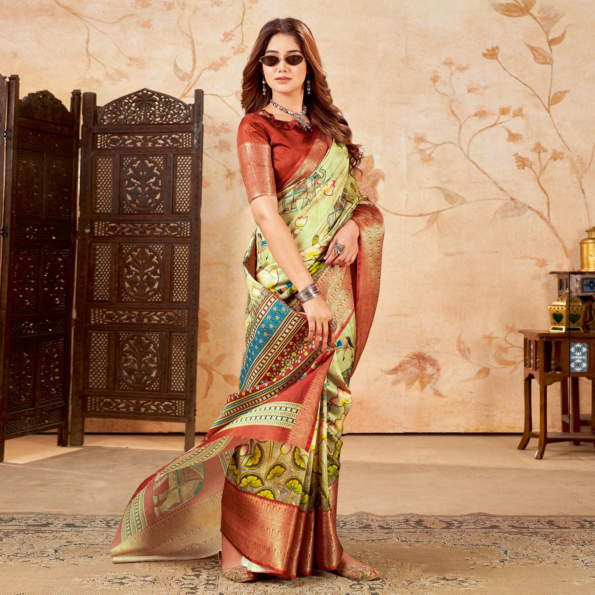 Olive Green Printed Cotton Silk Saree With Jacquard Border