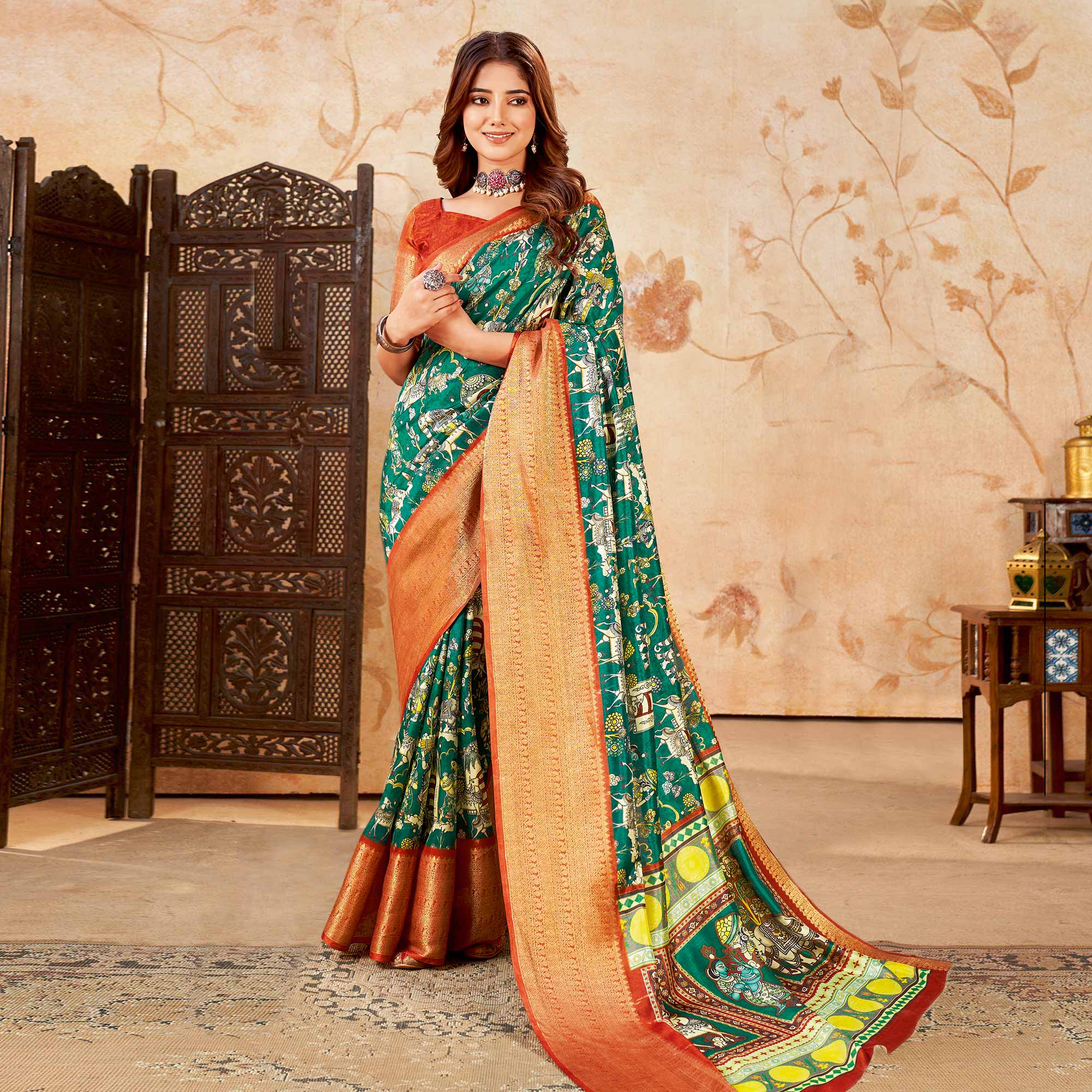 Rama Green Printed Cotton Silk Saree With Jacquard Border