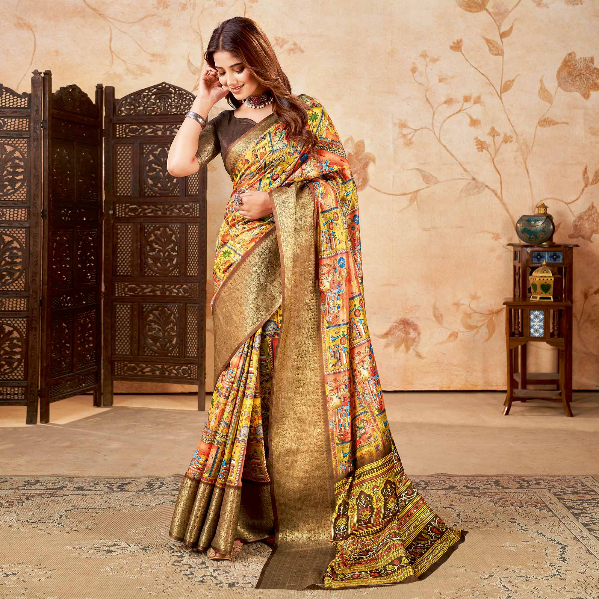 Multicolor Printed Cotton Silk Saree With Jacquard Border
